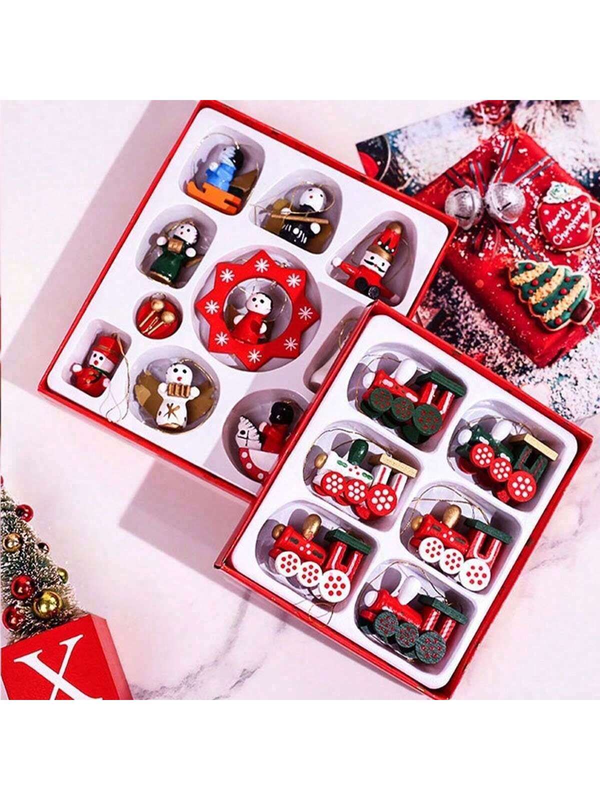 1set New Wood Christmas Ornaments, Gift Box Xmas Small Gift Train Decor Xmas Tree Ornament