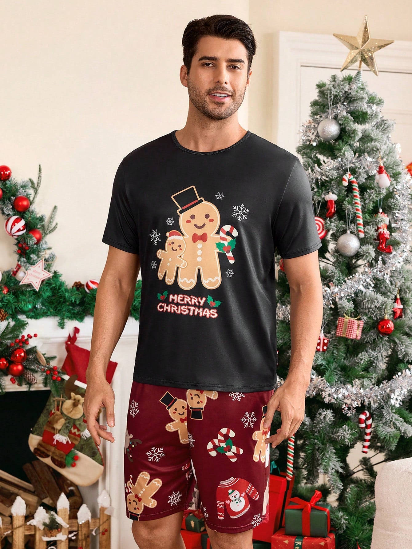 CoupledUp 2pcs Men's Christmas Theme Printed Crew Neck Tee And Shorts Pajama Set