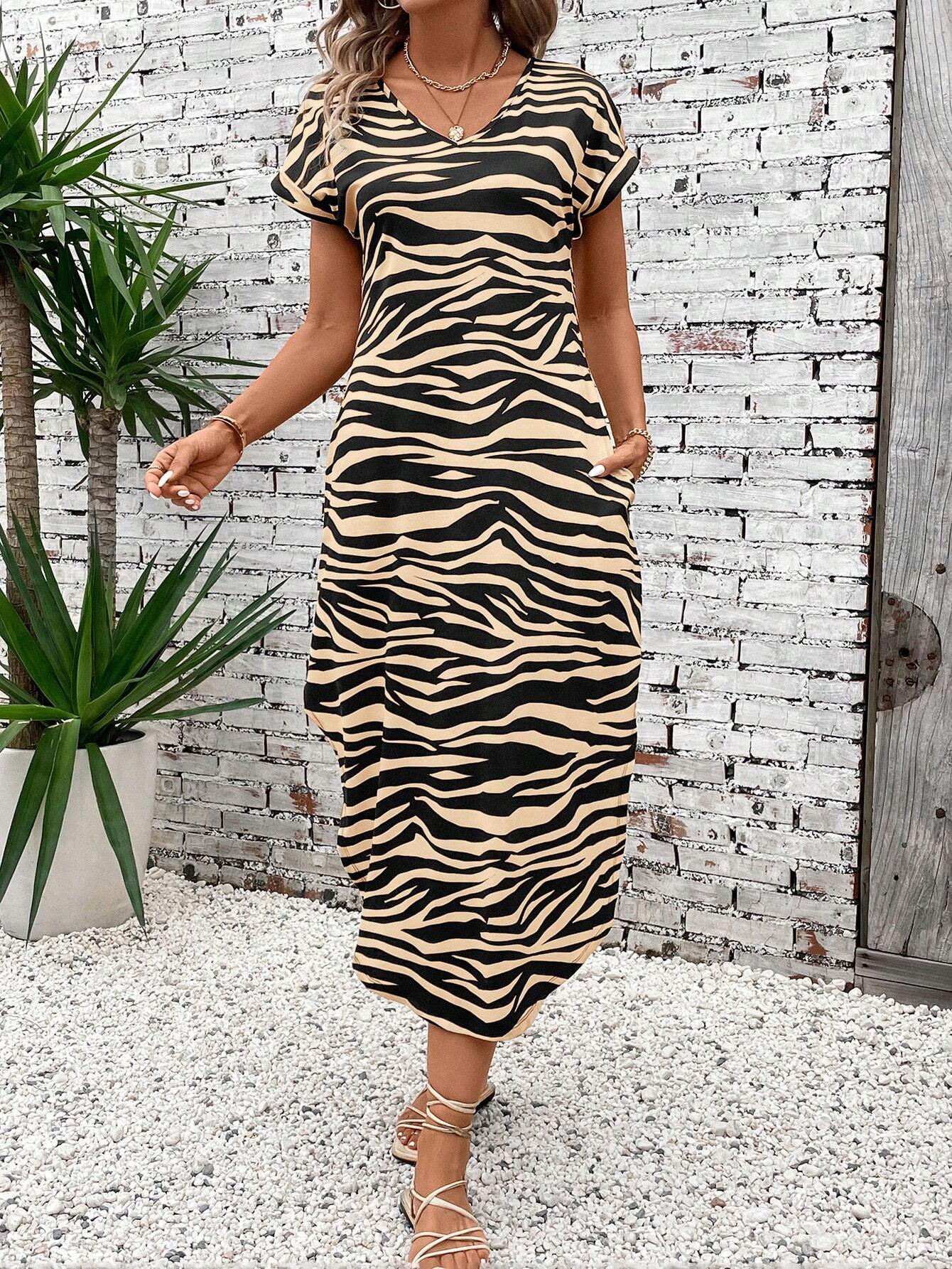 Women's Long Casual V-Neck Leopard Knit Dress, Comfortable & Fashionable For Summer