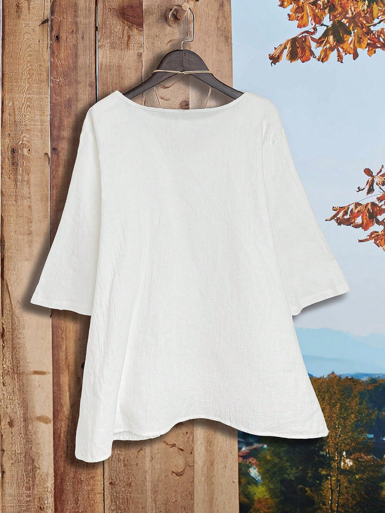 EMERY ROSE Plus Size Women's Casual Round Neck White 3/4 Sleeve Blouse,Fall Women Clothes