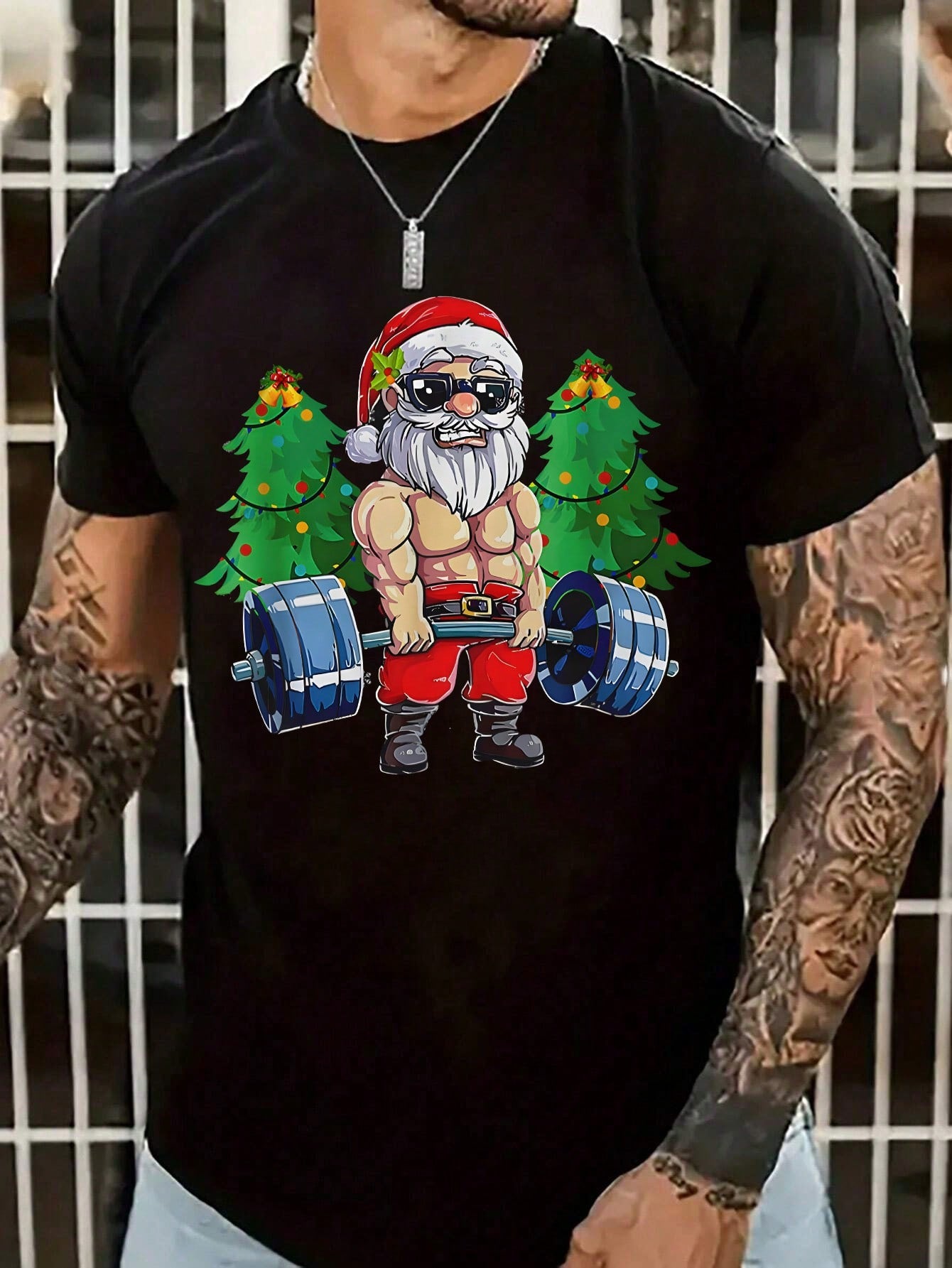 Men's Casual Christmas Themed Print - Santa Claus With Sunglasses, Christmas Tree Short Sleeve T-Shirt