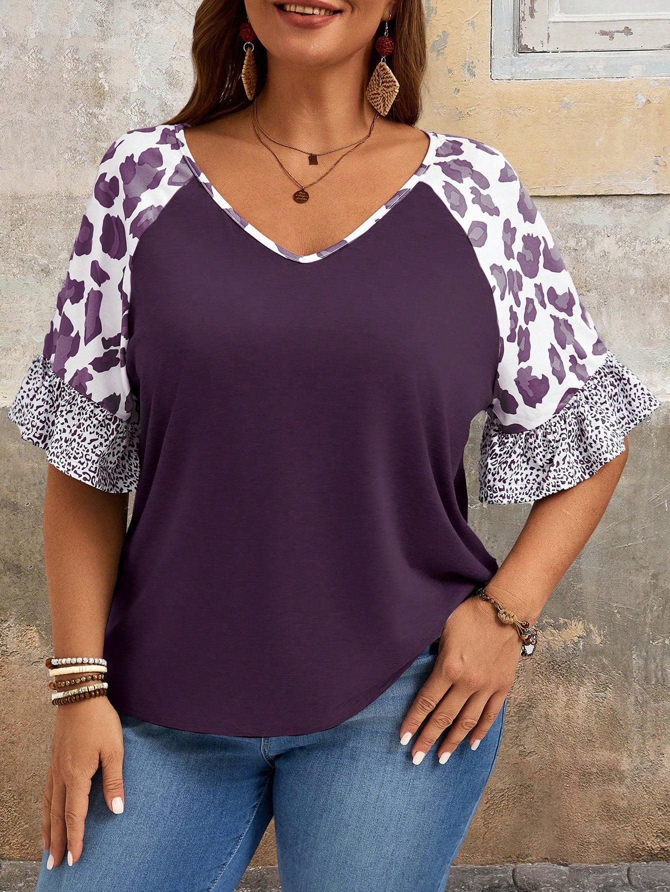 EMERY ROSE Plus Size Summer Casual Leopard Print Patchwork T-Shirt