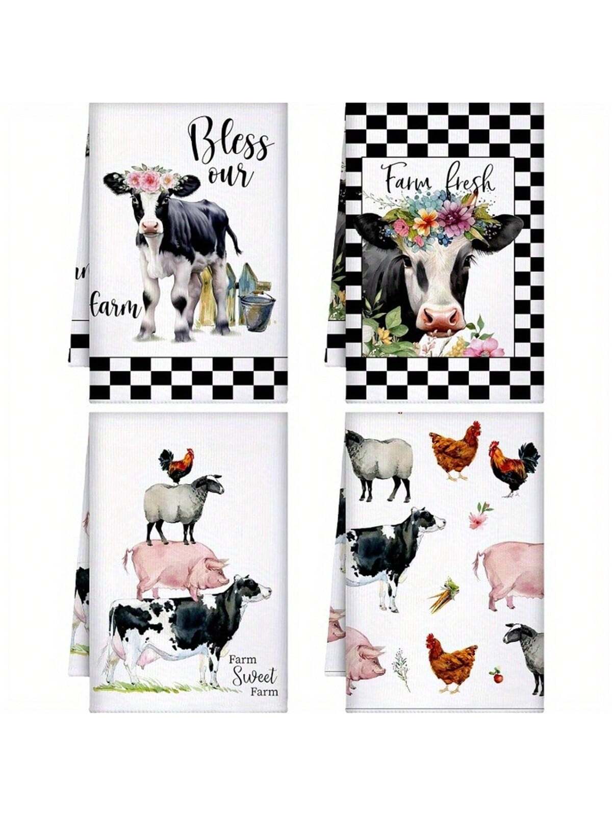 2/4pcs Set, Checkered Checkerboard Seasonal Summer Retro Farm Floral Cow Animal Pattern Dish Towel, 16x24 Inches, Soft, Machine Washable, Modern Design For Kitchen, Bathroom, Outdoor & Party Use