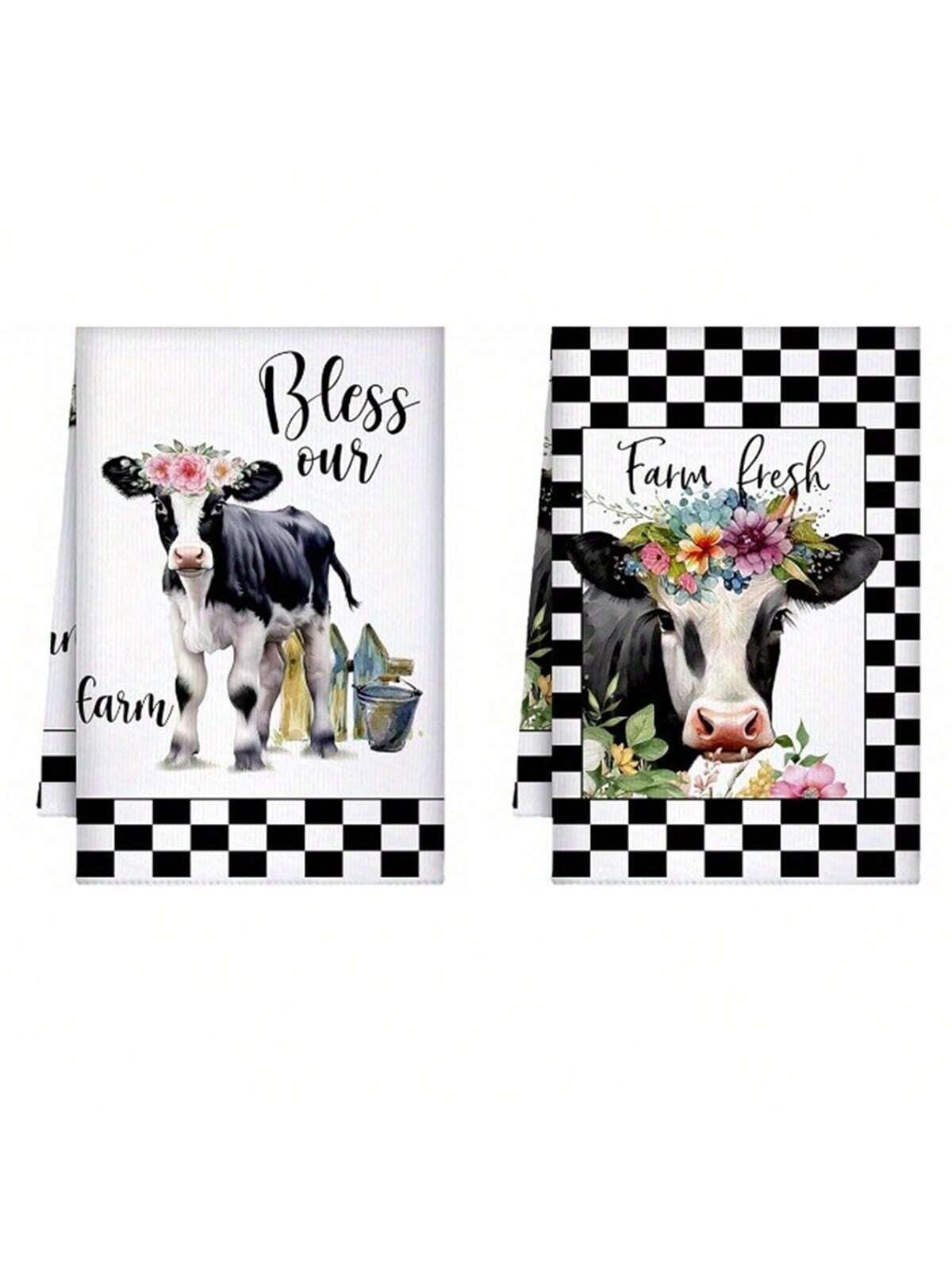 2/4pcs Set, Checkered Checkerboard Seasonal Summer Retro Farm Floral Cow Animal Pattern Dish Towel, 16x24 Inches, Soft, Machine Washable, Modern Design For Kitchen, Bathroom, Outdoor & Party Use