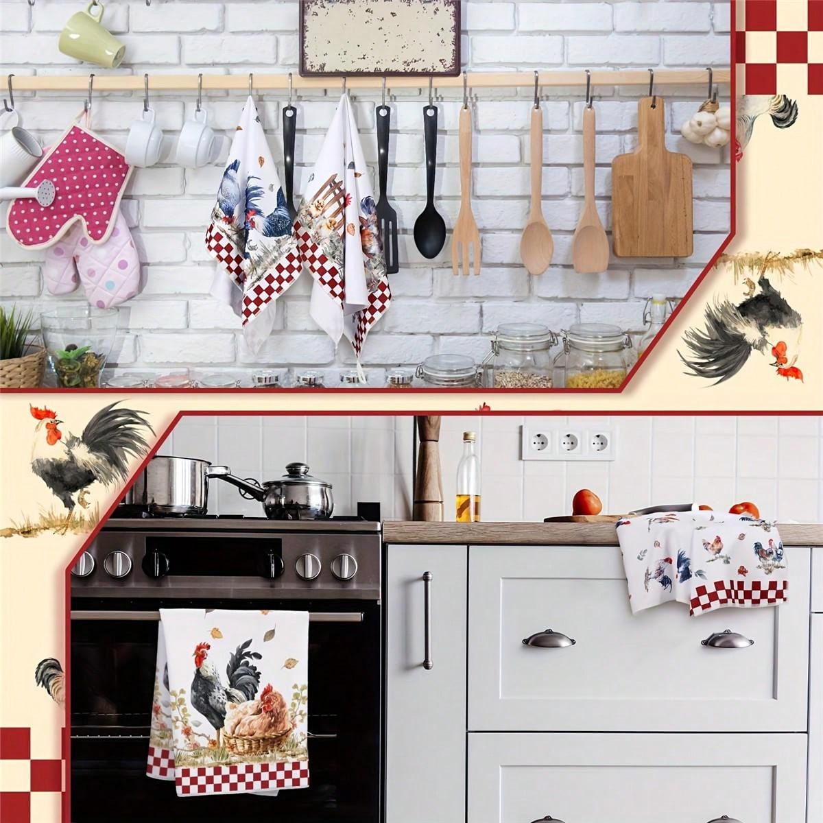 2/4pcs Rooster Kitchen Towels, Red & White Plaid Pattern Dish Cloths, Absorbent Retro Buffalo Check Towels, Modern Farmhouse Hand Towels For Bathroom, Home, Rustic Style Gift