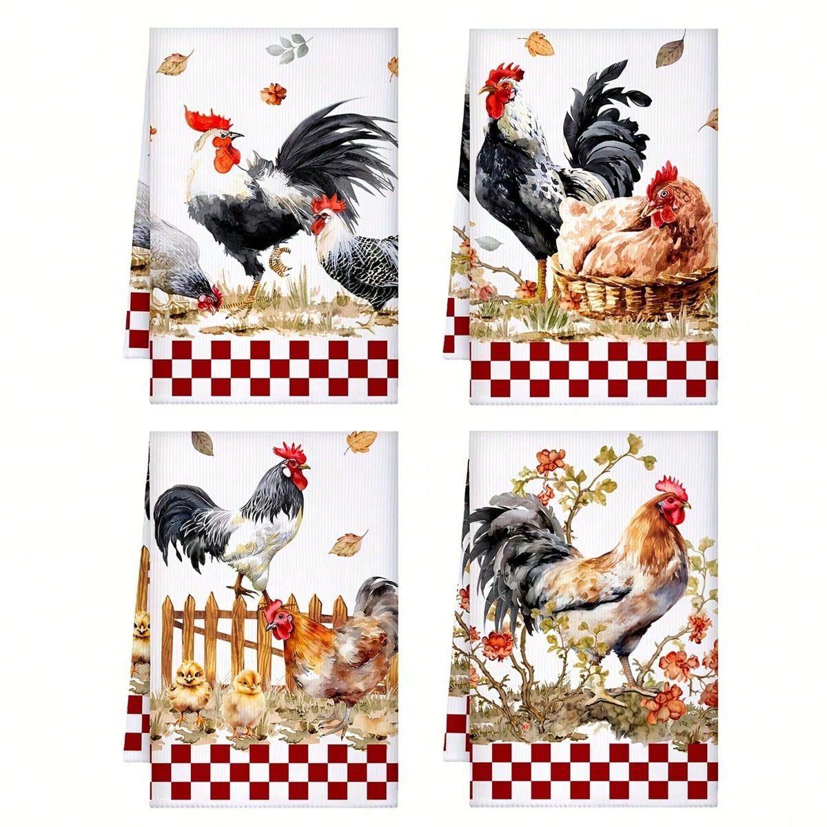 2/4pcs Rooster Kitchen Towels, Red & White Plaid Pattern Dish Cloths, Absorbent Retro Buffalo Check Towels, Modern Farmhouse Hand Towels For Bathroom, Home, Rustic Style Gift