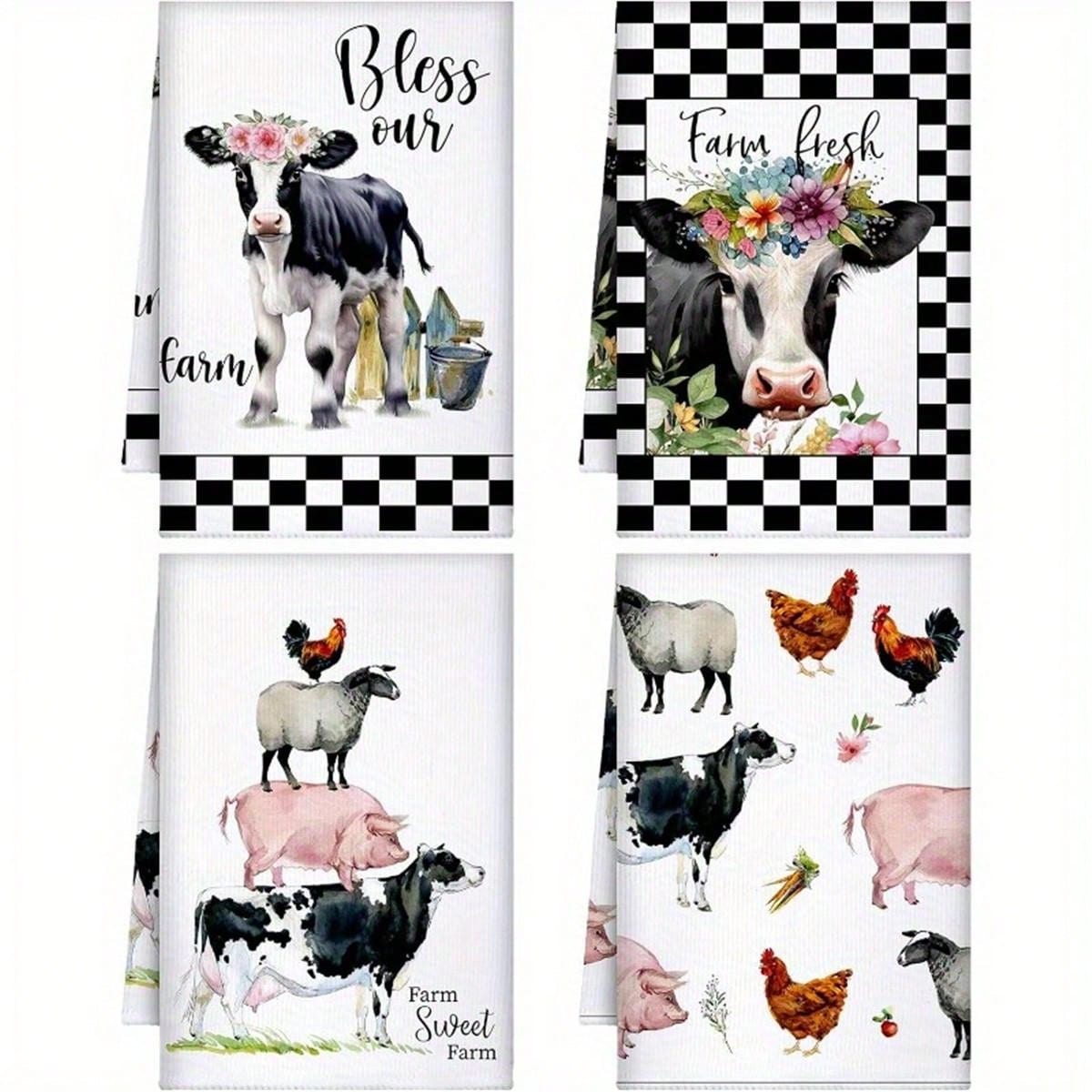 2/4pcs Set, Checkered Checkerboard Seasonal Summer Retro Farm Floral Cow Animal Pattern Dish Towel, 16x24 Inches, Soft, Machine Washable, Modern Design For Kitchen, Bathroom, Outdoor & Party Use