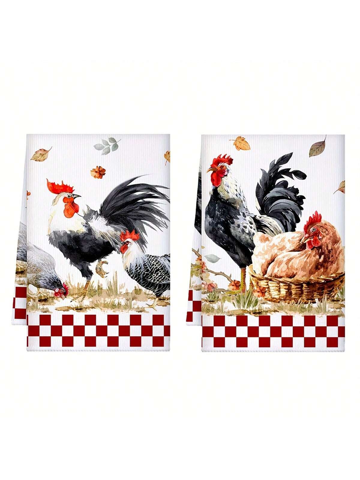 2/4pcs Rooster Kitchen Towels, Red & White Plaid Pattern Dish Cloths, Absorbent Retro Buffalo Check Towels, Modern Farmhouse Hand Towels For Bathroom, Home, Rustic Style Gift