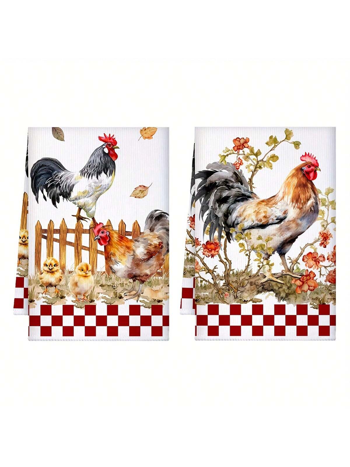 2/4pcs Rooster Kitchen Towels, Red & White Plaid Pattern Dish Cloths, Absorbent Retro Buffalo Check Towels, Modern Farmhouse Hand Towels For Bathroom, Home, Rustic Style Gift