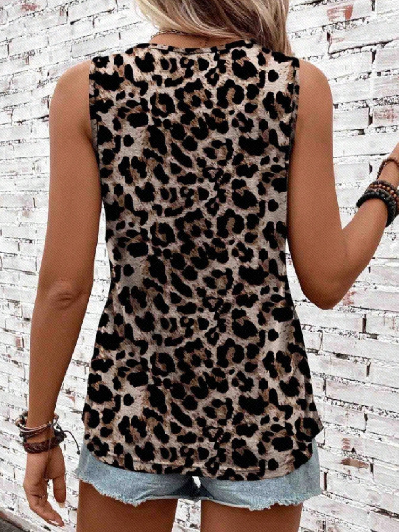 LUNE Women's Casual Simple Leopard Print Round Neck Tank Top Suitable For Summer