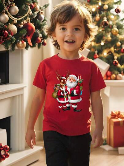 GraphicGems 1pc Young Boy Fashion Casual Santa Claus & Reindeer Print Crew Neck Short Sleeve T-Shirt, Ideal For Christmas Party & New Year, Red