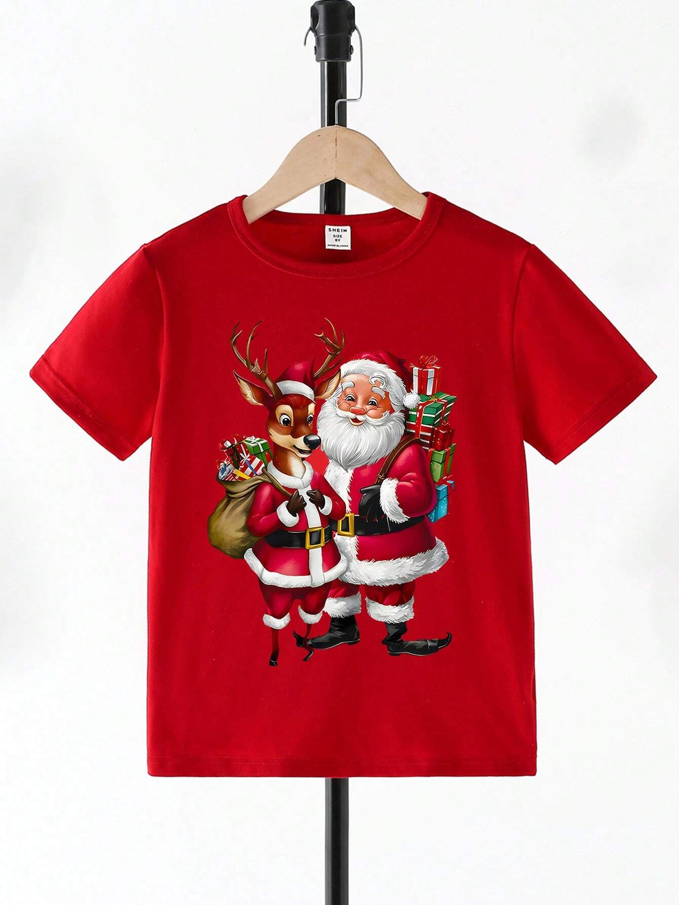 GraphicGems 1pc Young Boy Fashion Casual Santa Claus & Reindeer Print Crew Neck Short Sleeve T-Shirt, Ideal For Christmas Party & New Year, Red