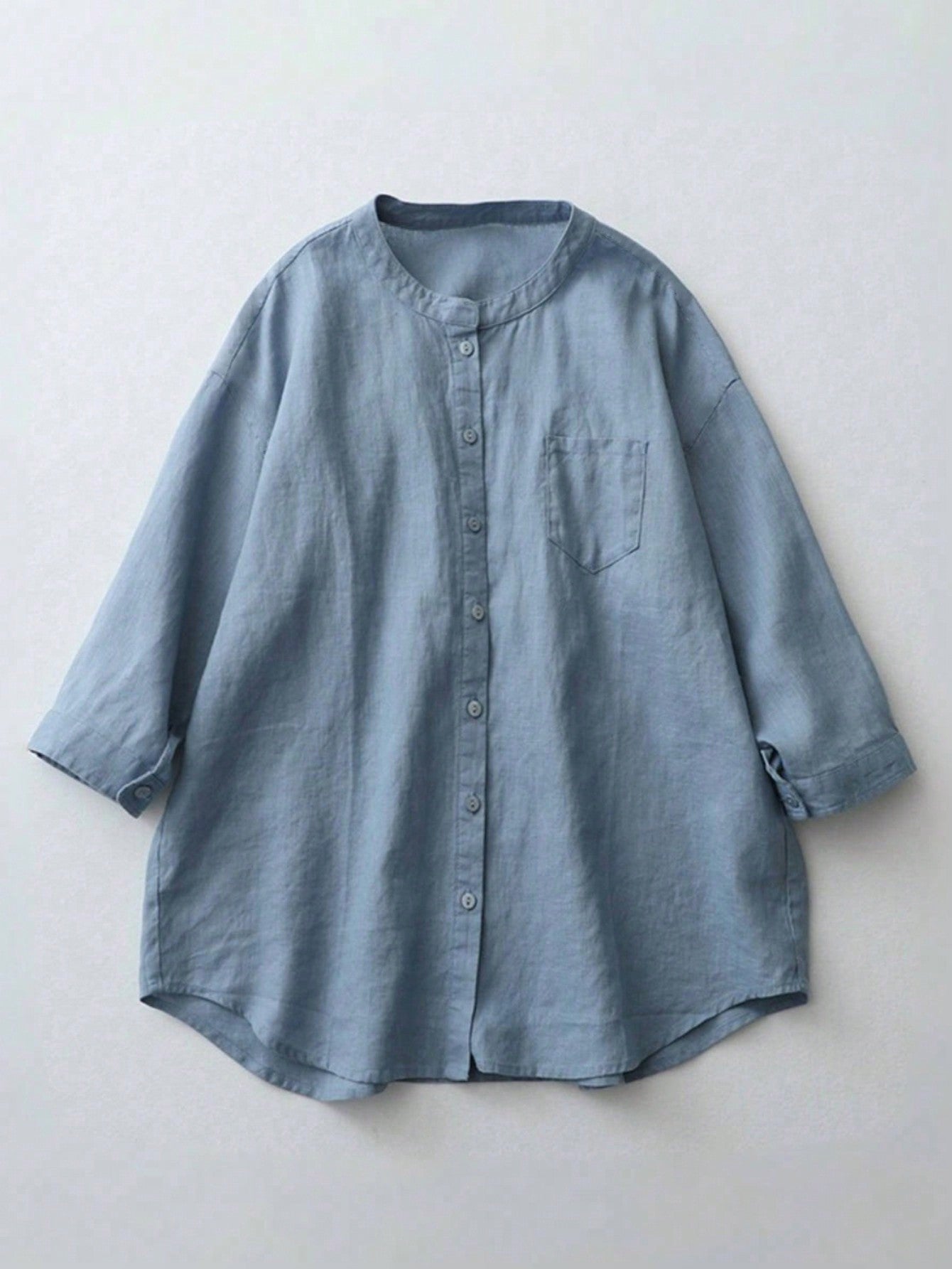 Women Casual Comfortable Long Sleeve Linen Round Neck Button Shirt