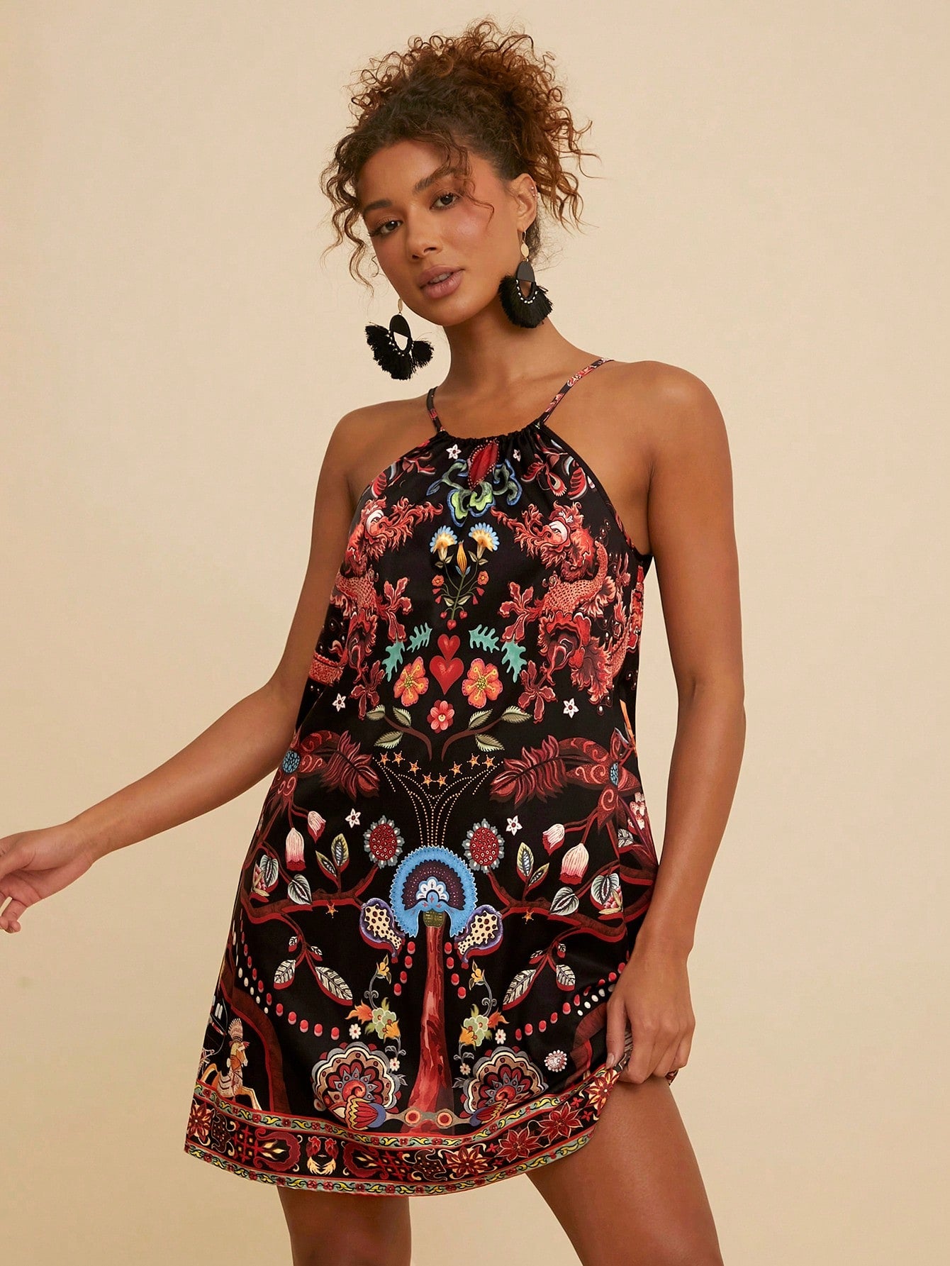 VCAY Boho Print Halter Neck Backless Summer Women Dresses