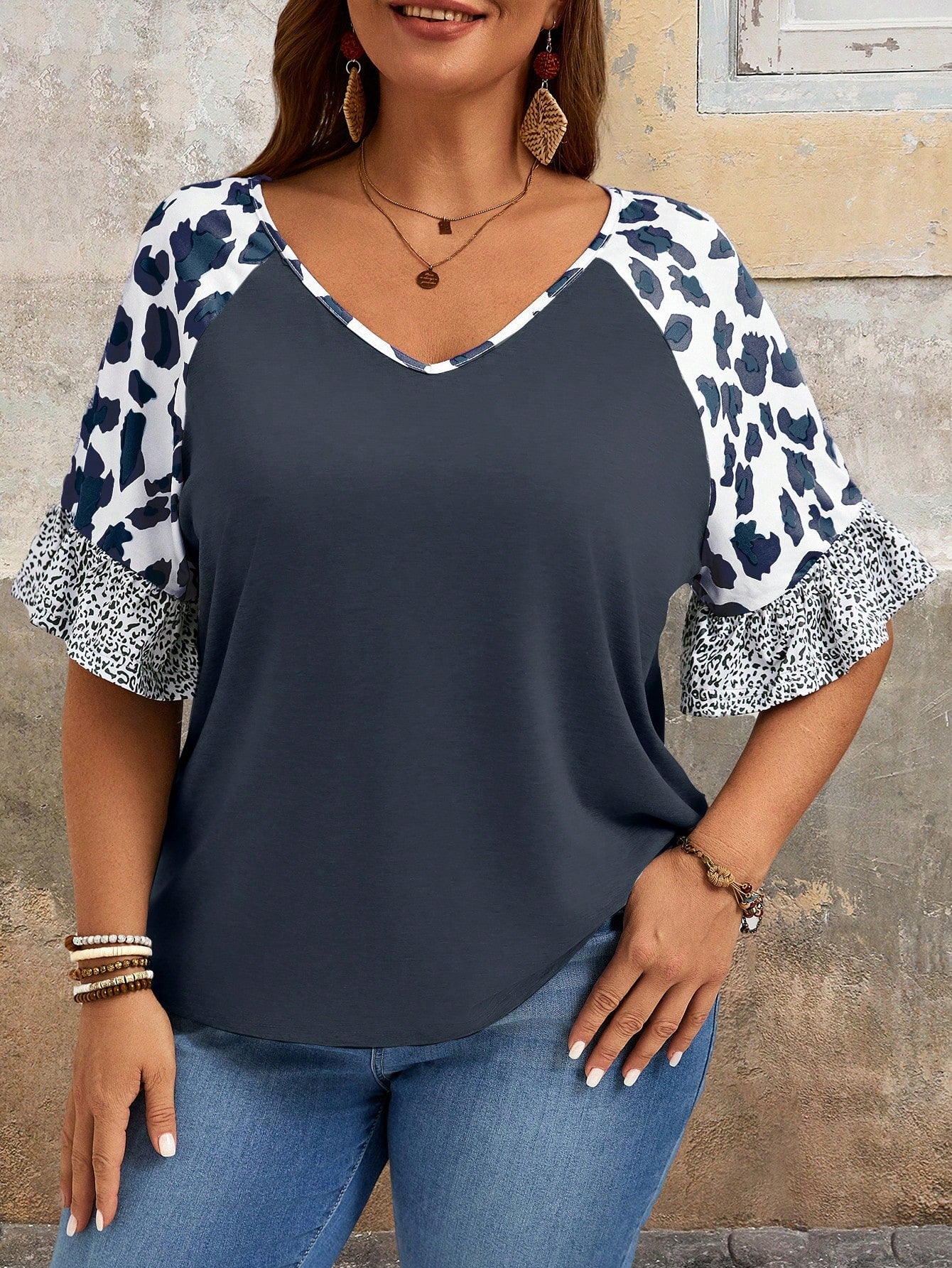 EMERY ROSE Plus Size Summer Casual Leopard Print Patchwork T-Shirt