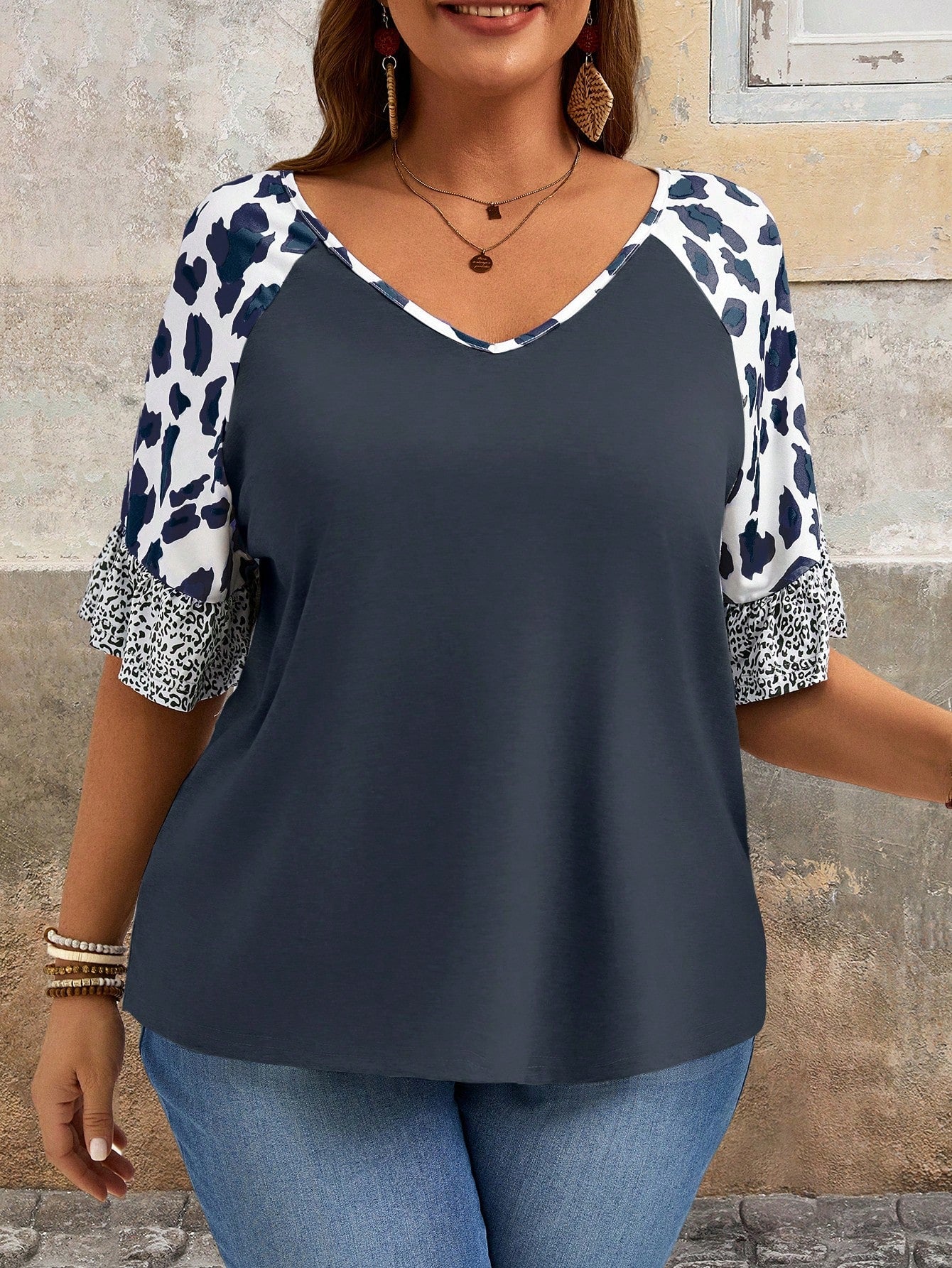 EMERY ROSE Plus Size Summer Casual Leopard Print Patchwork T-Shirt