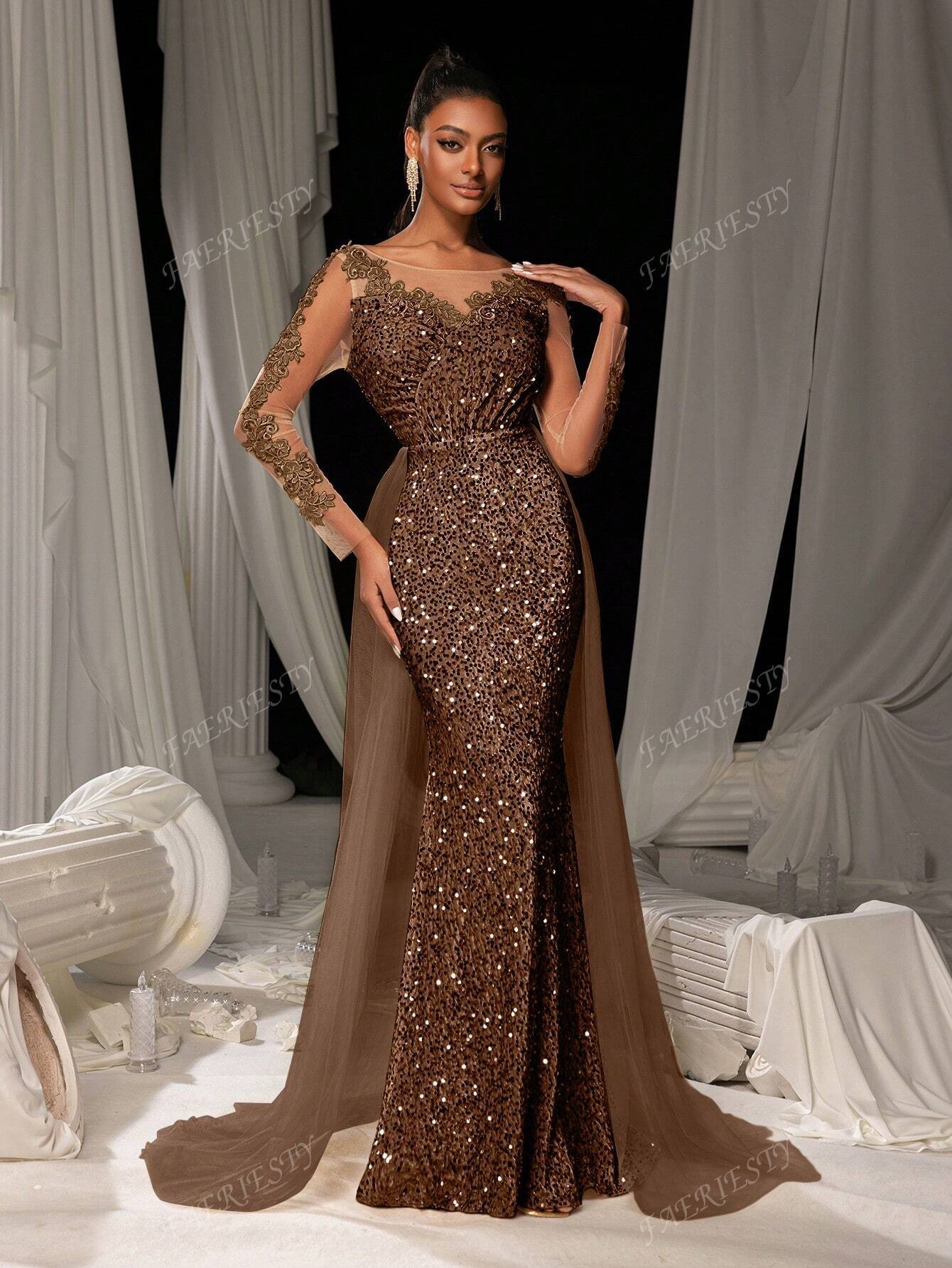 Faeriesty Applique Detail Mesh Overlay Sequin Formal Mermaid Dress