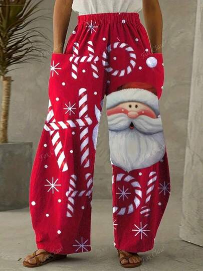 Plus Christmas Graphic Print Straight Leg Pocket Pants