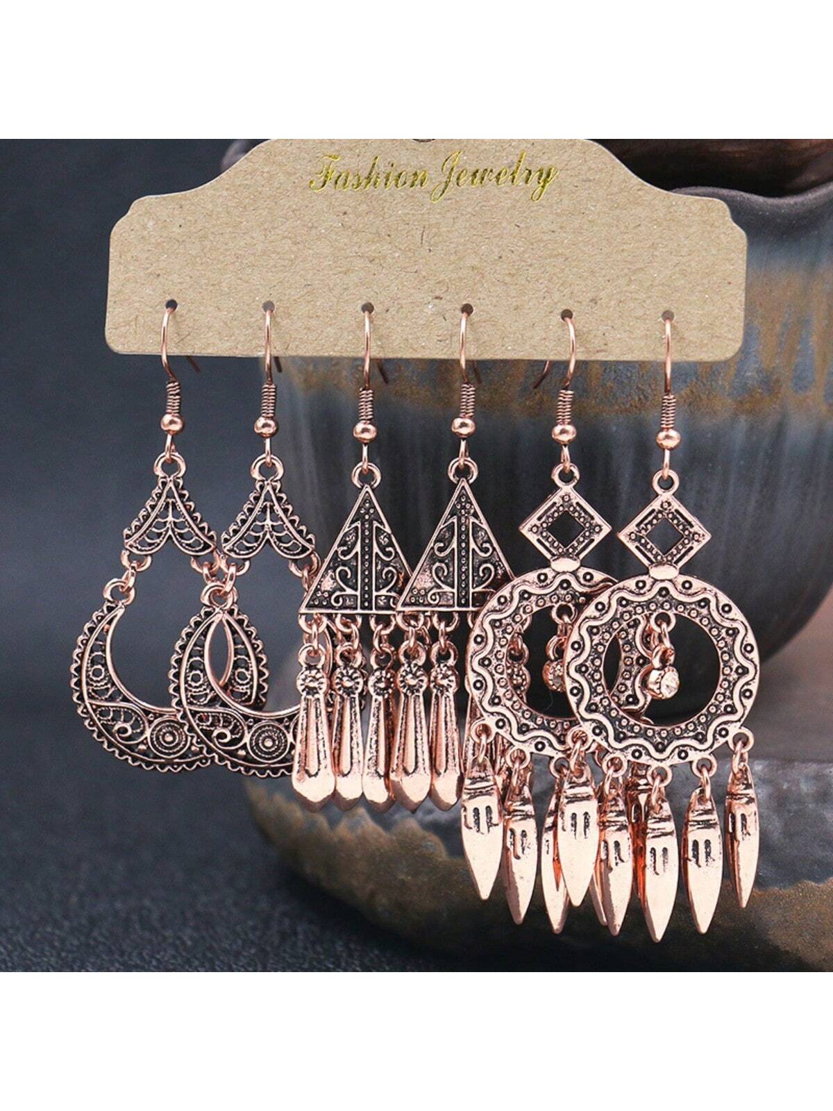 6pairs Vintage Flower Design Women's Bohemian Style Vacation Earrings