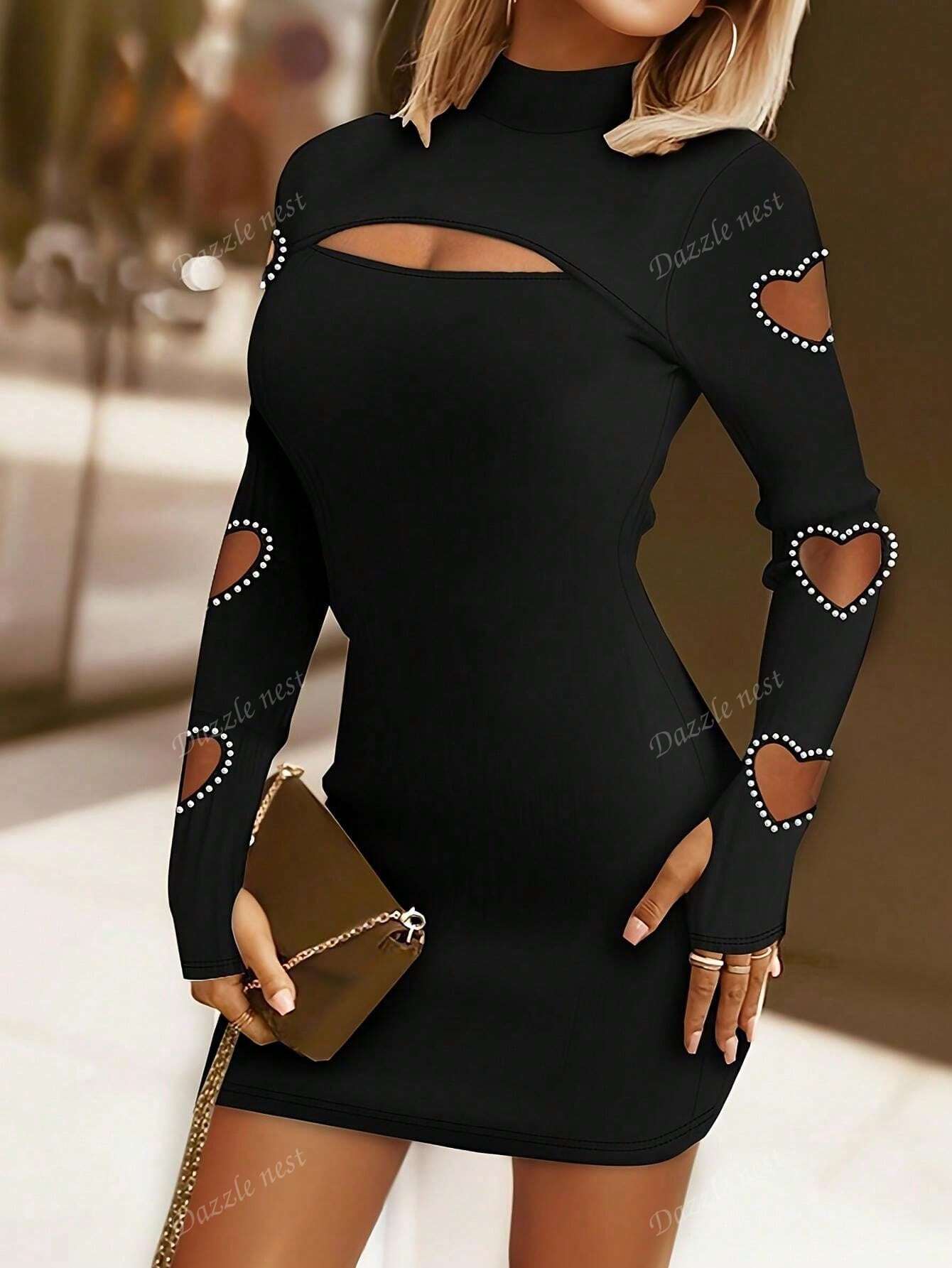 Women's Hollow Heart Embellished Fitted Waist Long Sleeve Dress For Spring & Autumn