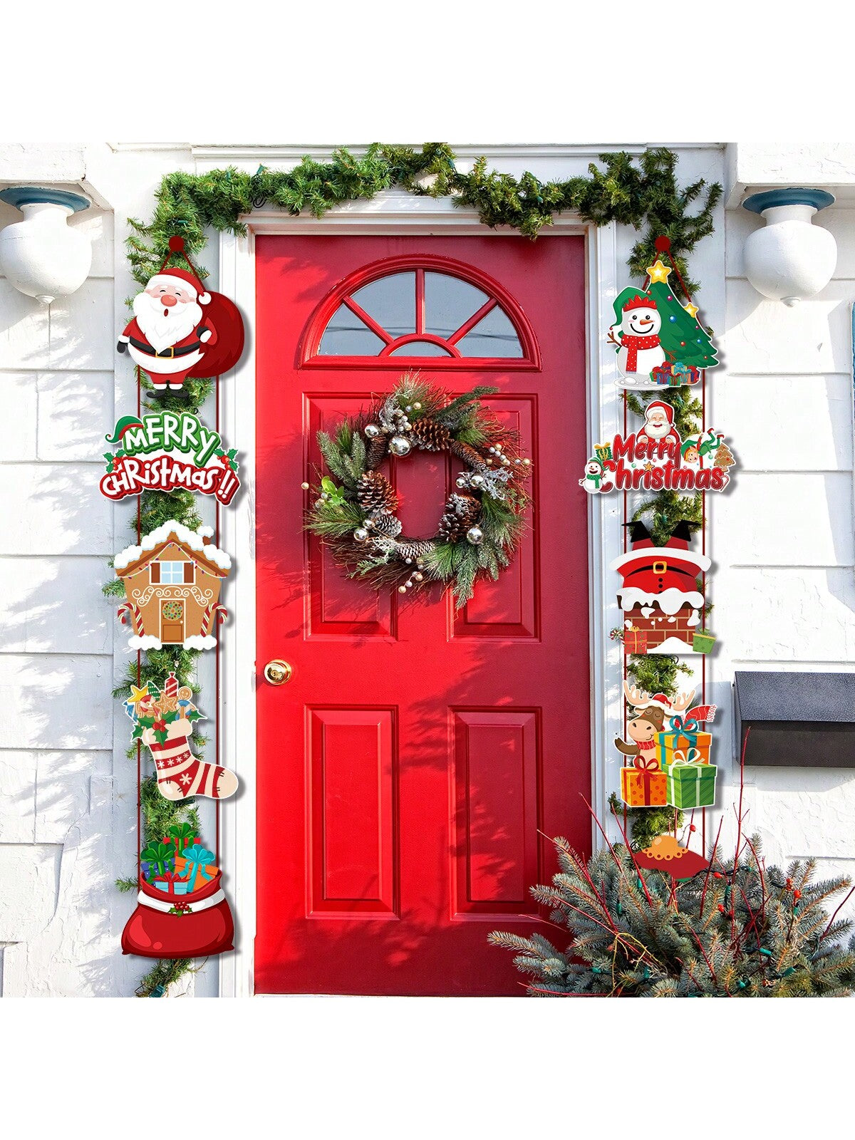 1set Christmas Hanging Banner Porch Sign Santa Claus Snowman Pattern Paper Banner Garland For Merry Christmas Home Outdoor Decor Xmas New Year Party Supplies,Christmas