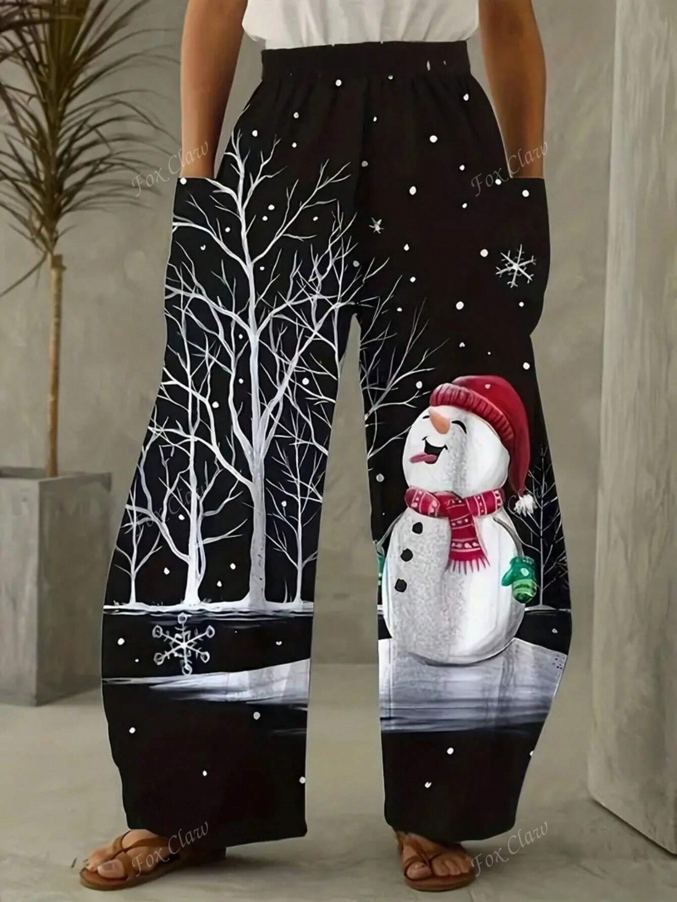 Plus Christmas Graphic Print Straight Leg Pocket Pants