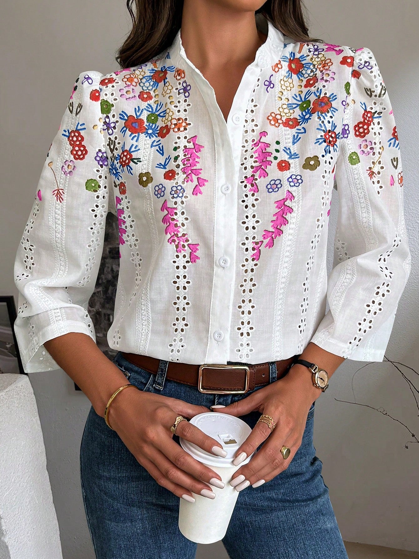 Clasi Floral Embroidery Button Front Shirt