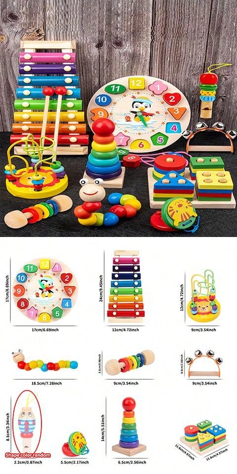 Christmas Decoration 10pcs Montessori Educational Wooden Toys For Boys Girls, Preschool Learning Toys Suitable For 3-6 Years Old Kids, Great Birthday/Halloween/Christmas Gifts