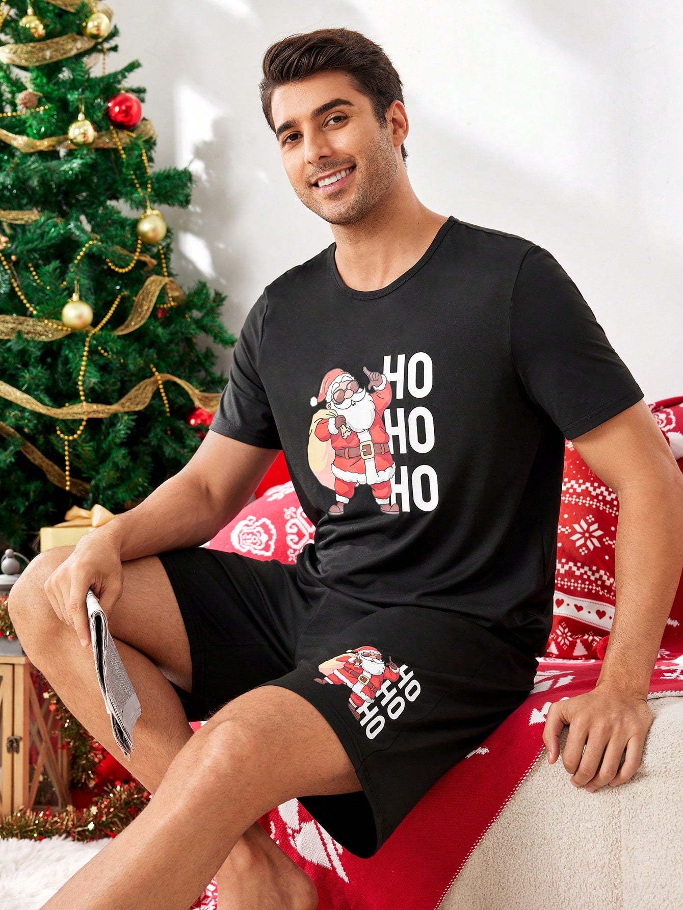 CoupledUp Santa Claus Print Short Sleeve Top & Shorts Pajama Set For Men, For Christmas