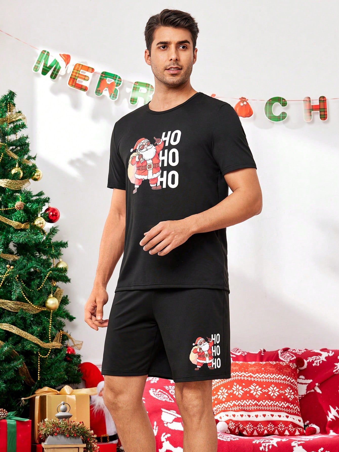 CoupledUp Santa Claus Print Short Sleeve Top & Shorts Pajama Set For Men, For Christmas