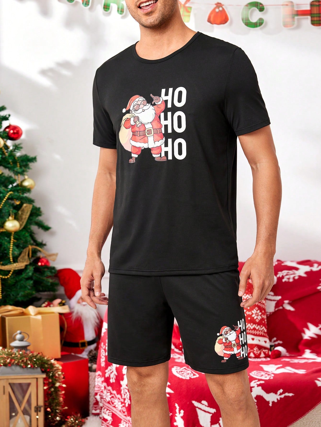 CoupledUp Santa Claus Print Short Sleeve Top & Shorts Pajama Set For Men, For Christmas