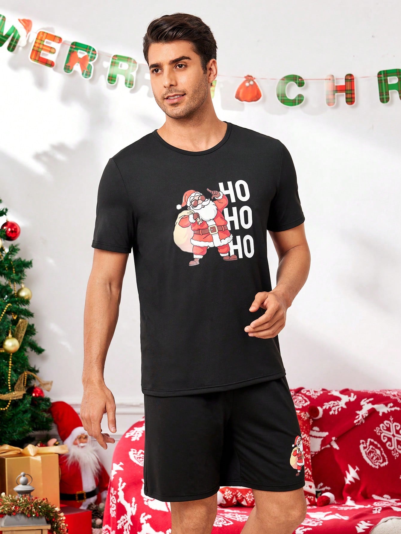 CoupledUp Santa Claus Print Short Sleeve Top & Shorts Pajama Set For Men, For Christmas