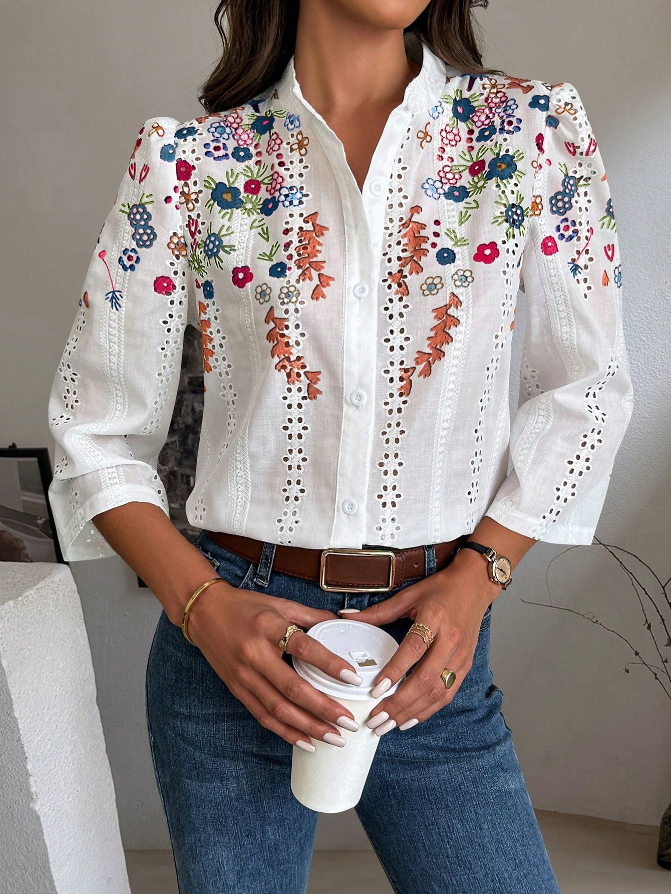 Clasi Floral Embroidery Button Front Shirt