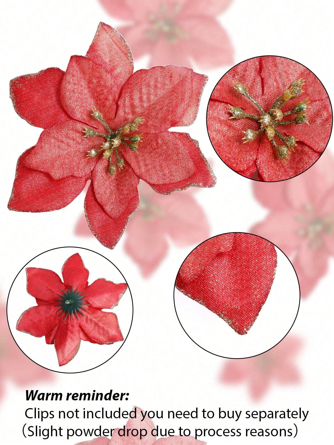 12 Pieces Glitter Poinsettia Christmas Tree Ornaments Artificial Wedding Christmas Flowers Christmas Tree Garland Ornaments, 5.5 Inch, Not Including Clips And Sticks (Red And Gold Available)