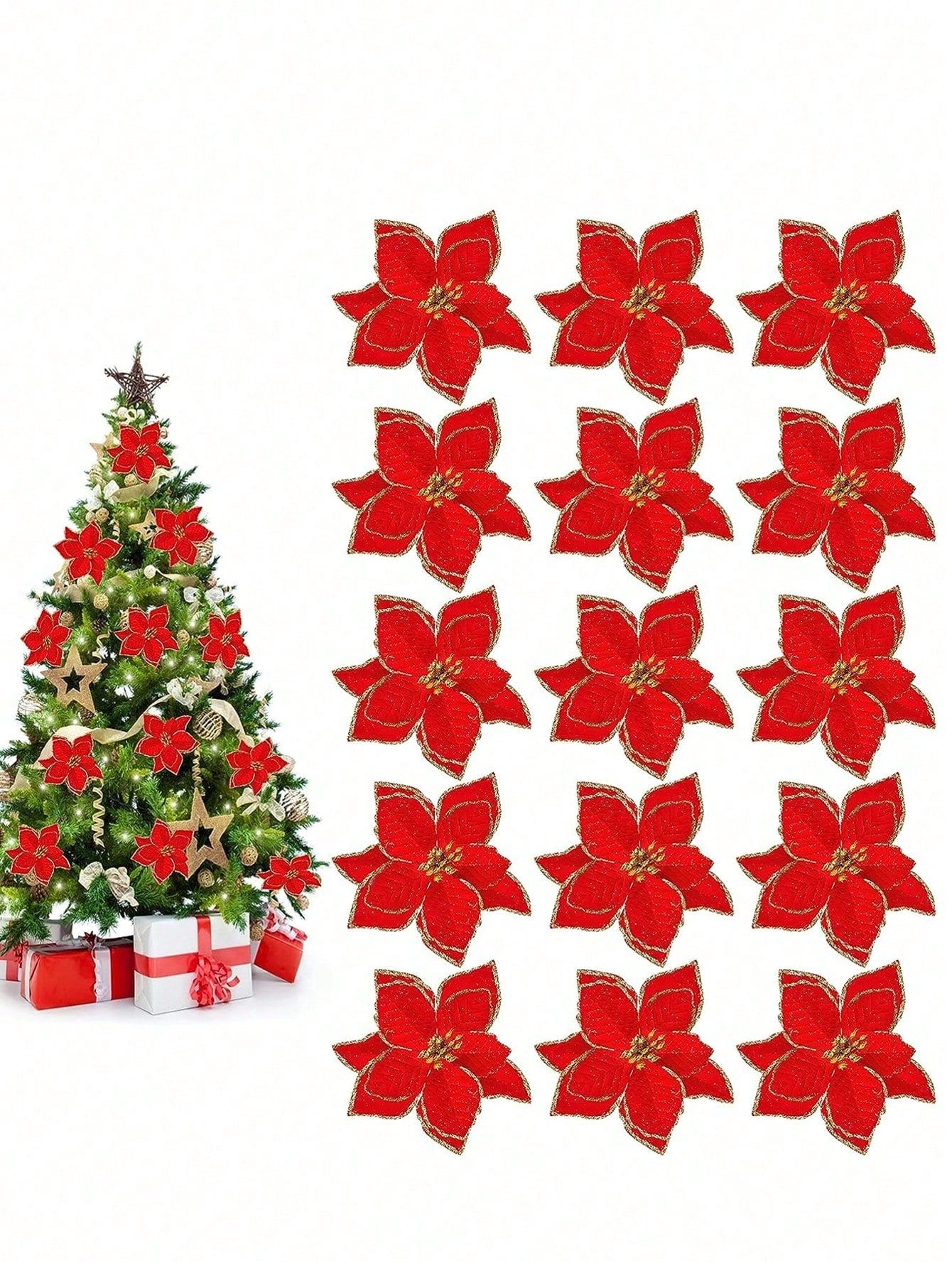 12 Pieces Glitter Poinsettia Christmas Tree Ornaments Artificial Wedding Christmas Flowers Christmas Tree Garland Ornaments, 5.5 Inch, Not Including Clips And Sticks (Red And Gold Available)