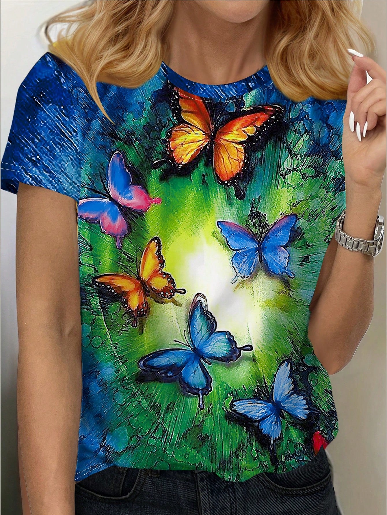 LUNE Women's 3D Effect Ditsy Floral Butterfly Ombre Printed Short Sleeve T-Shirt, Spring/Summer