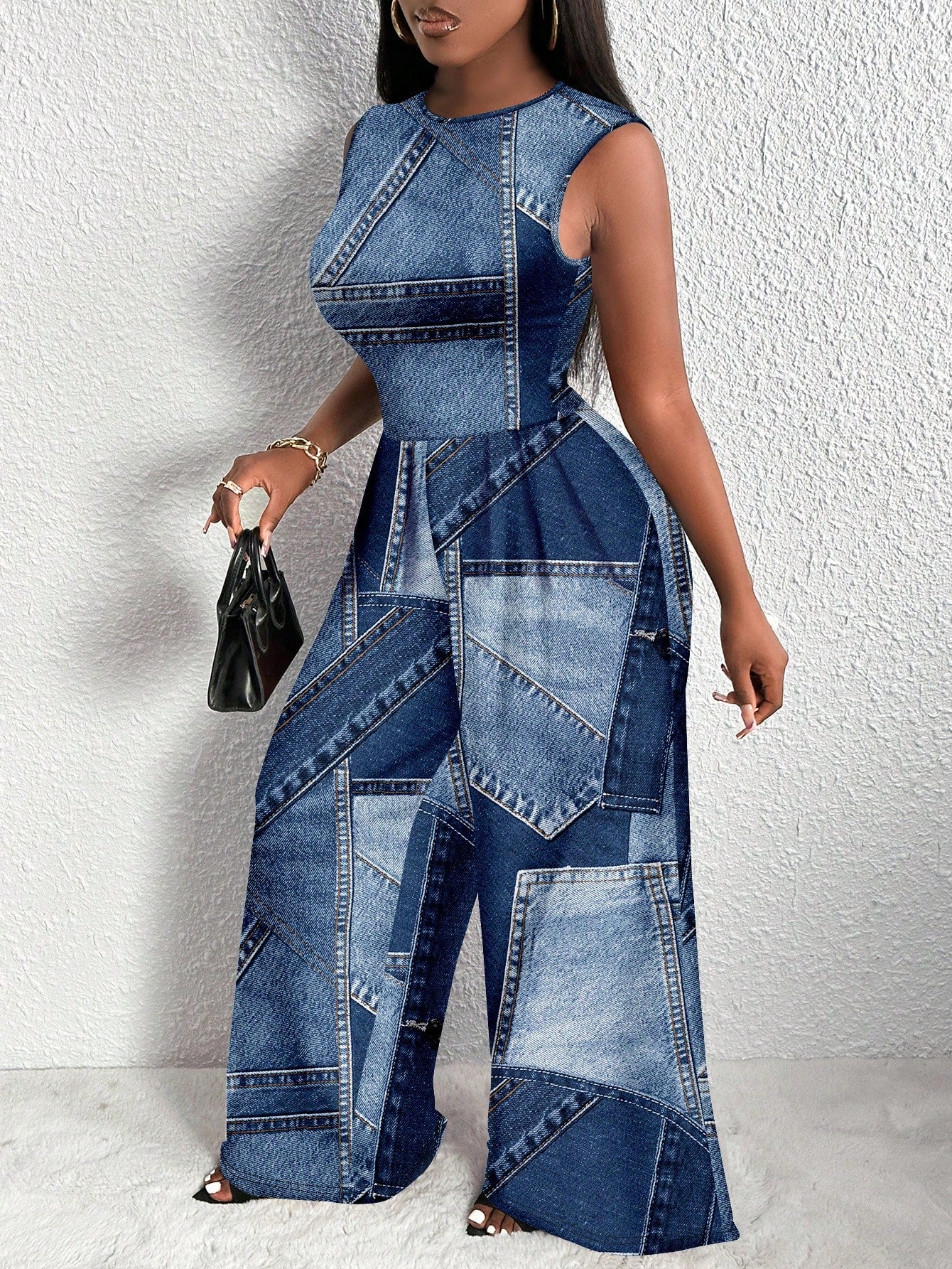 Slayr 1pc Women's Casual Loose Retro Patterned Jumpsuit, Plus Size, Suitable For Summer