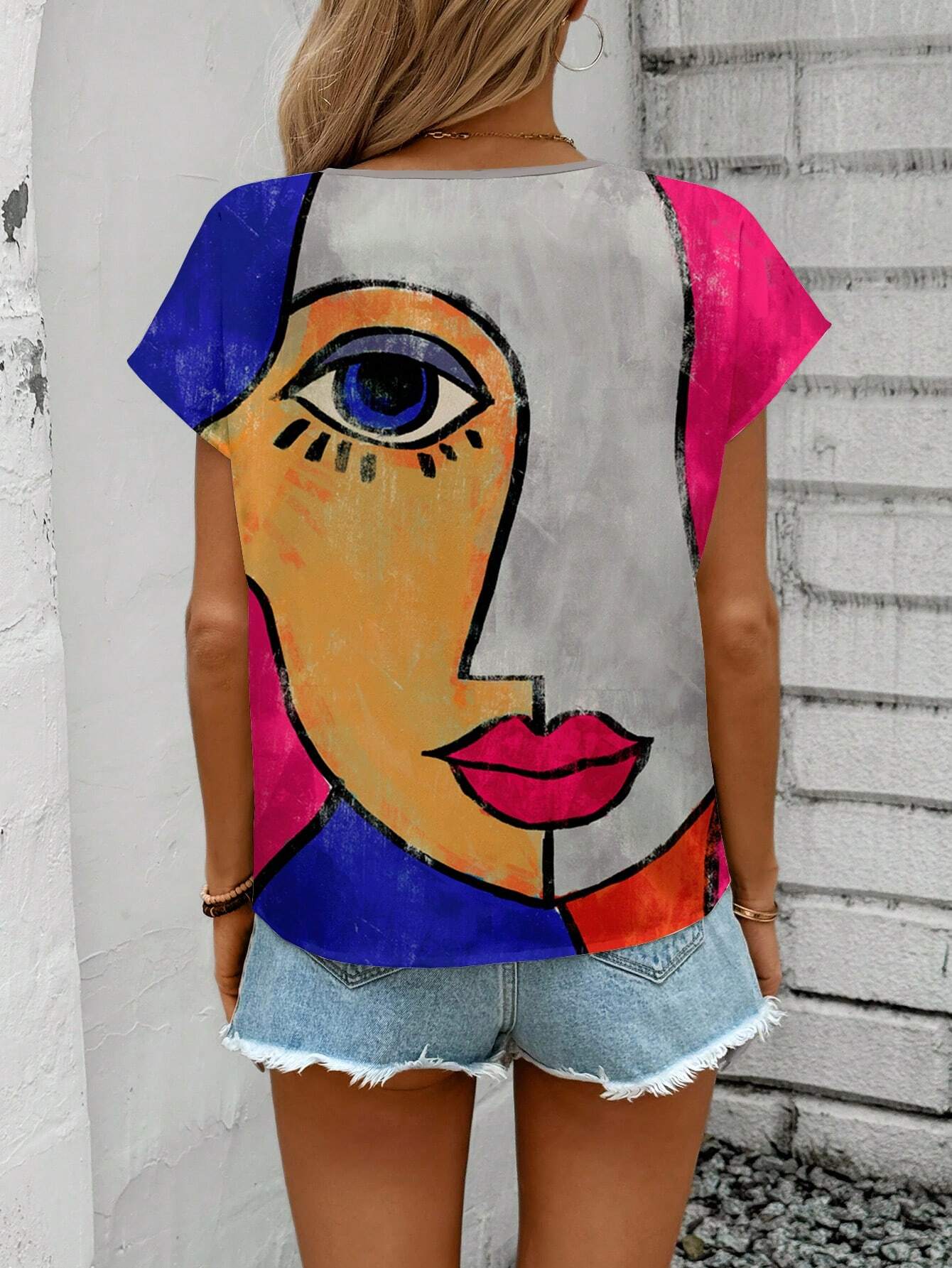 Casual Full Print Portrait Pattern Women V-Neck Shirt, Suitable For Summer