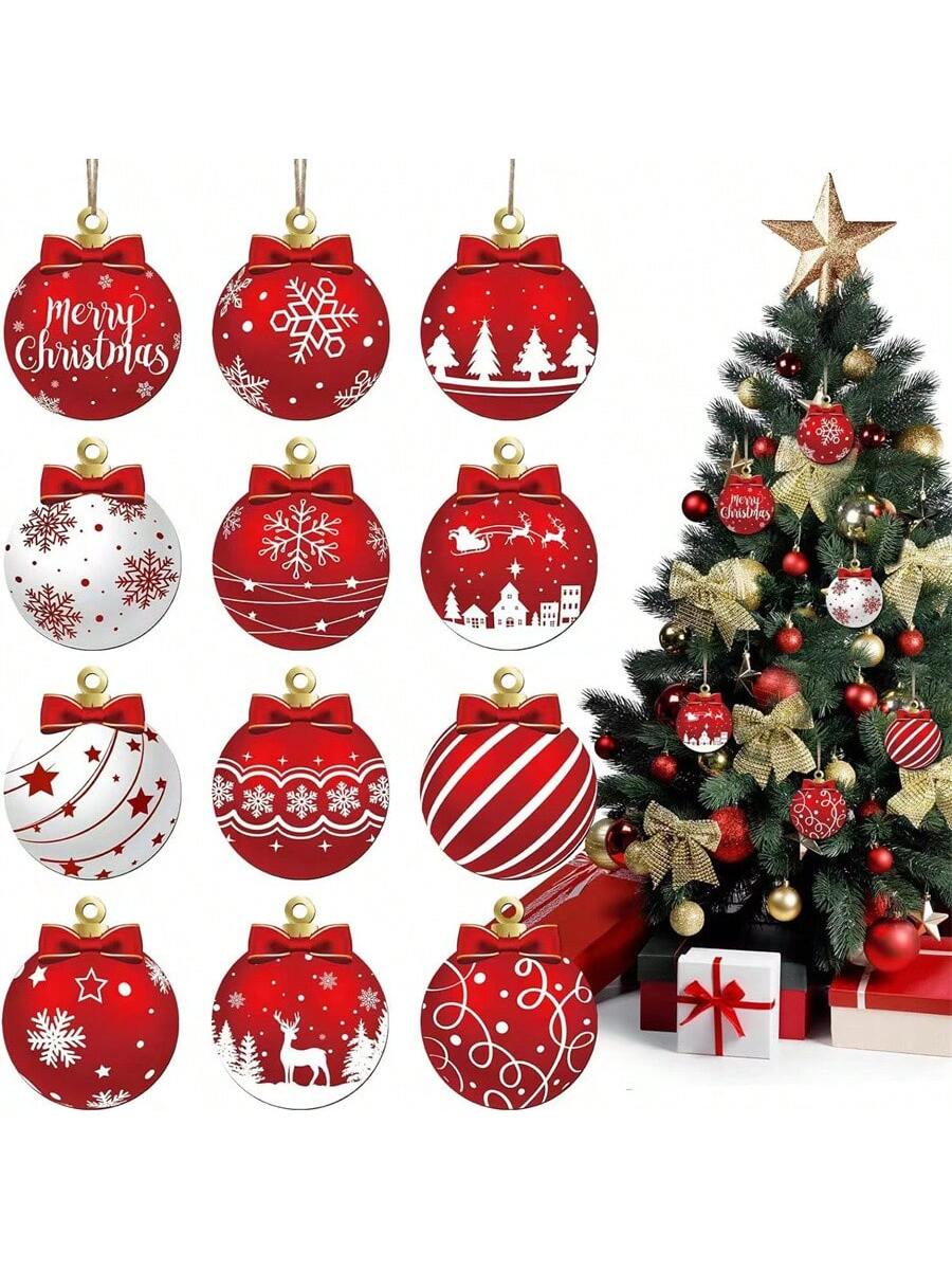 12pcs/24pcs Mixed Christmas Ornament Wooden Hanging Decoration, Christmas Decoration For Home, Creates Holiday Atmosphere