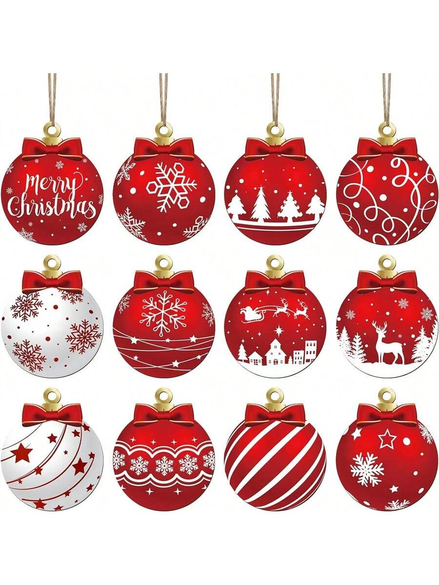 12pcs/24pcs Mixed Christmas Ornament Wooden Hanging Decoration, Christmas Decoration For Home, Creates Holiday Atmosphere