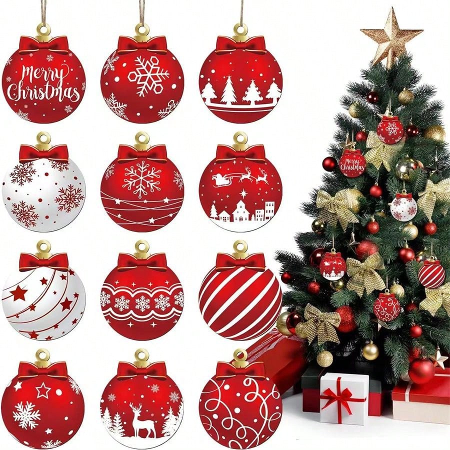 12pcs/24pcs Mixed Christmas Ornament Wooden Hanging Decoration, Christmas Decoration For Home, Creates Holiday Atmosphere