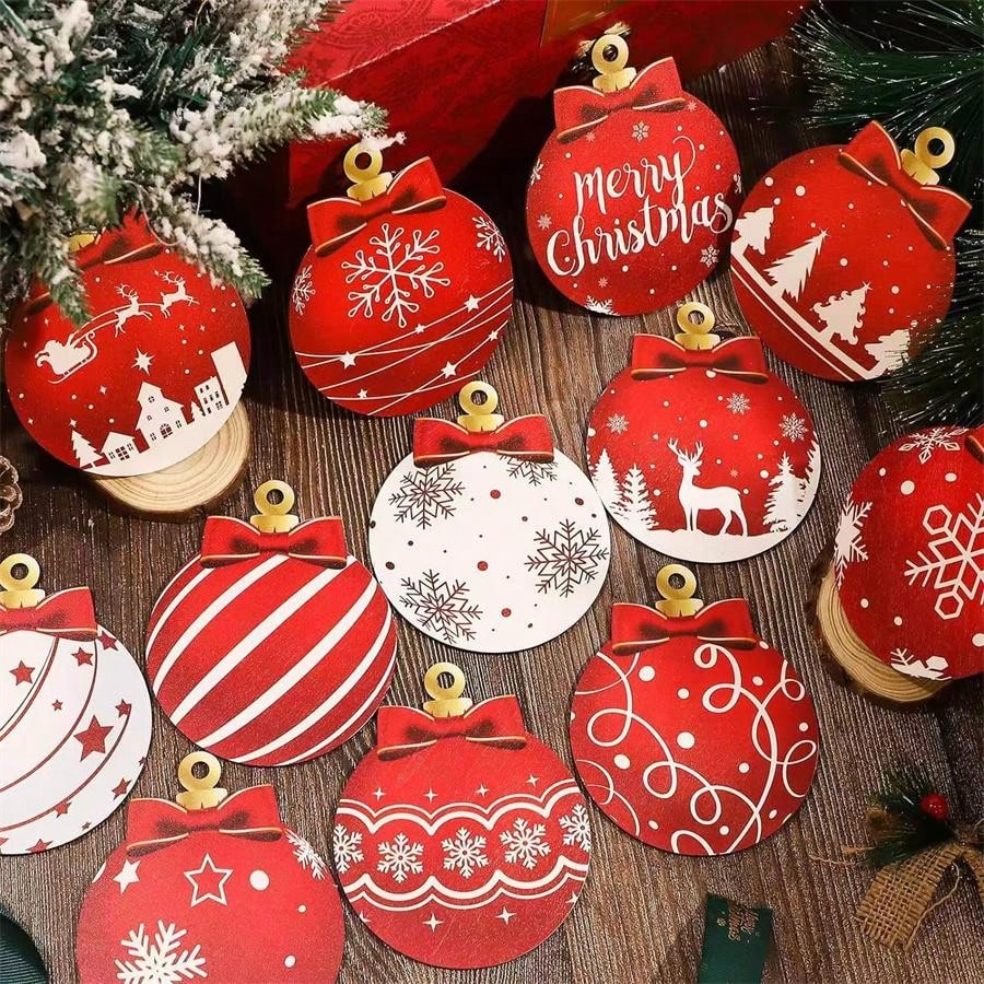 12pcs/24pcs Mixed Christmas Ornament Wooden Hanging Decoration, Christmas Decoration For Home, Creates Holiday Atmosphere