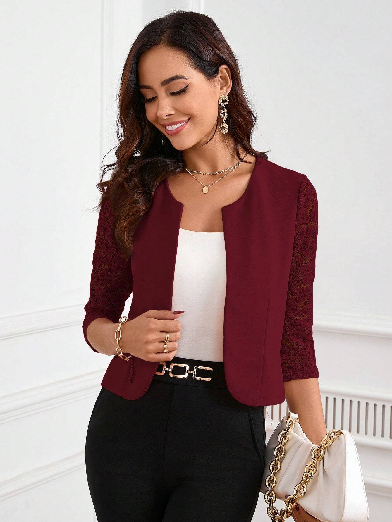 Clasi Women's Sleeve Lace Patchwork Open Front Blazer Jacket