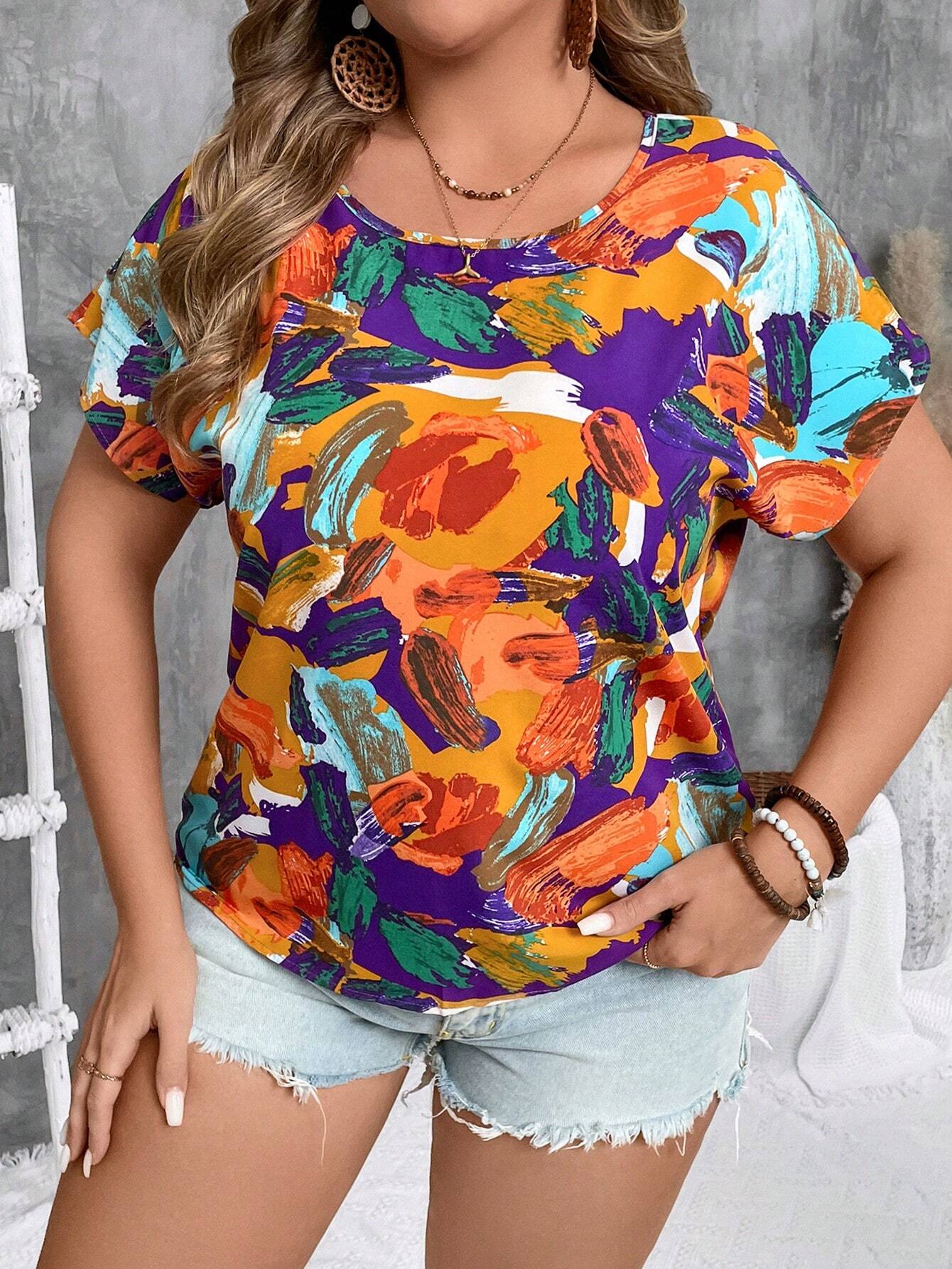 VCAY Plus Size Women's Summer Batwing Short Sleeve Casual Shirt With Brush Prints