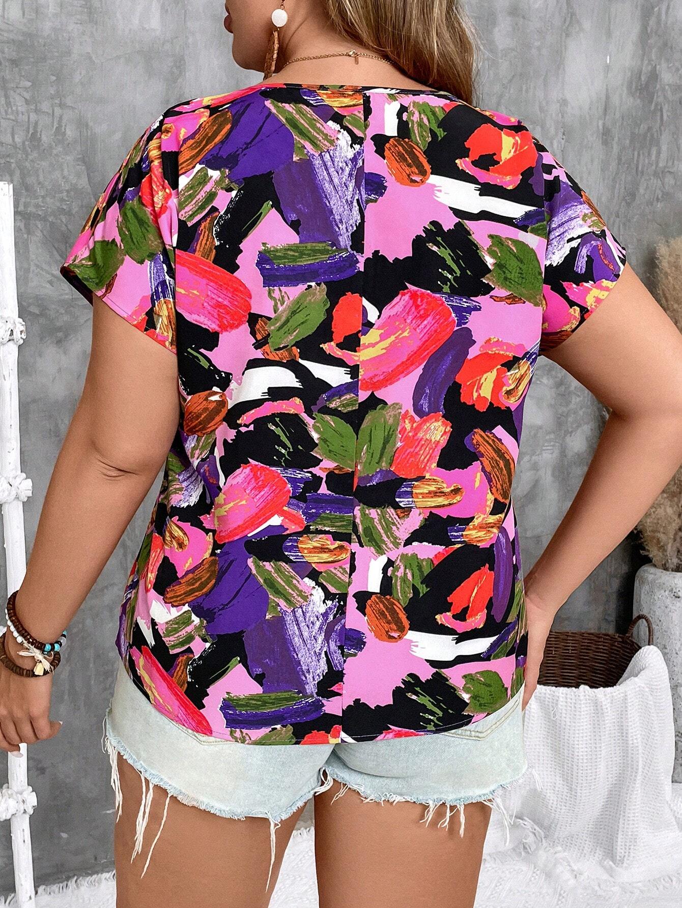 VCAY Plus Size Women's Summer Batwing Short Sleeve Casual Shirt With Brush Prints