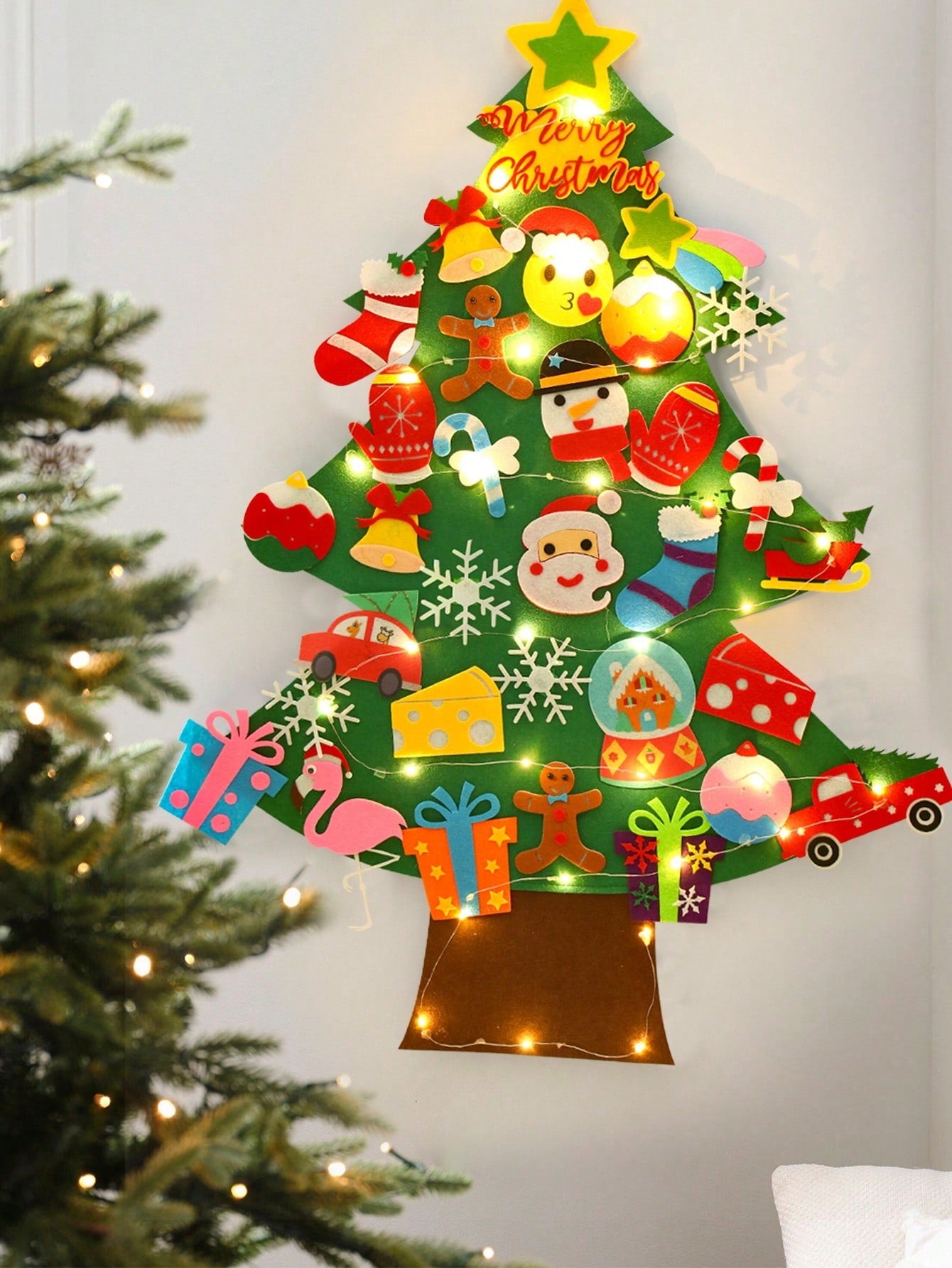 36pcs/Set DIY Felt Christmas Tree With Light, Xmas Party Decorations Perfect For Family Christmas Eve Party, Room Wall Decoration, 2024 Christmas Gifts, 2025 New Year Tree,Christmas