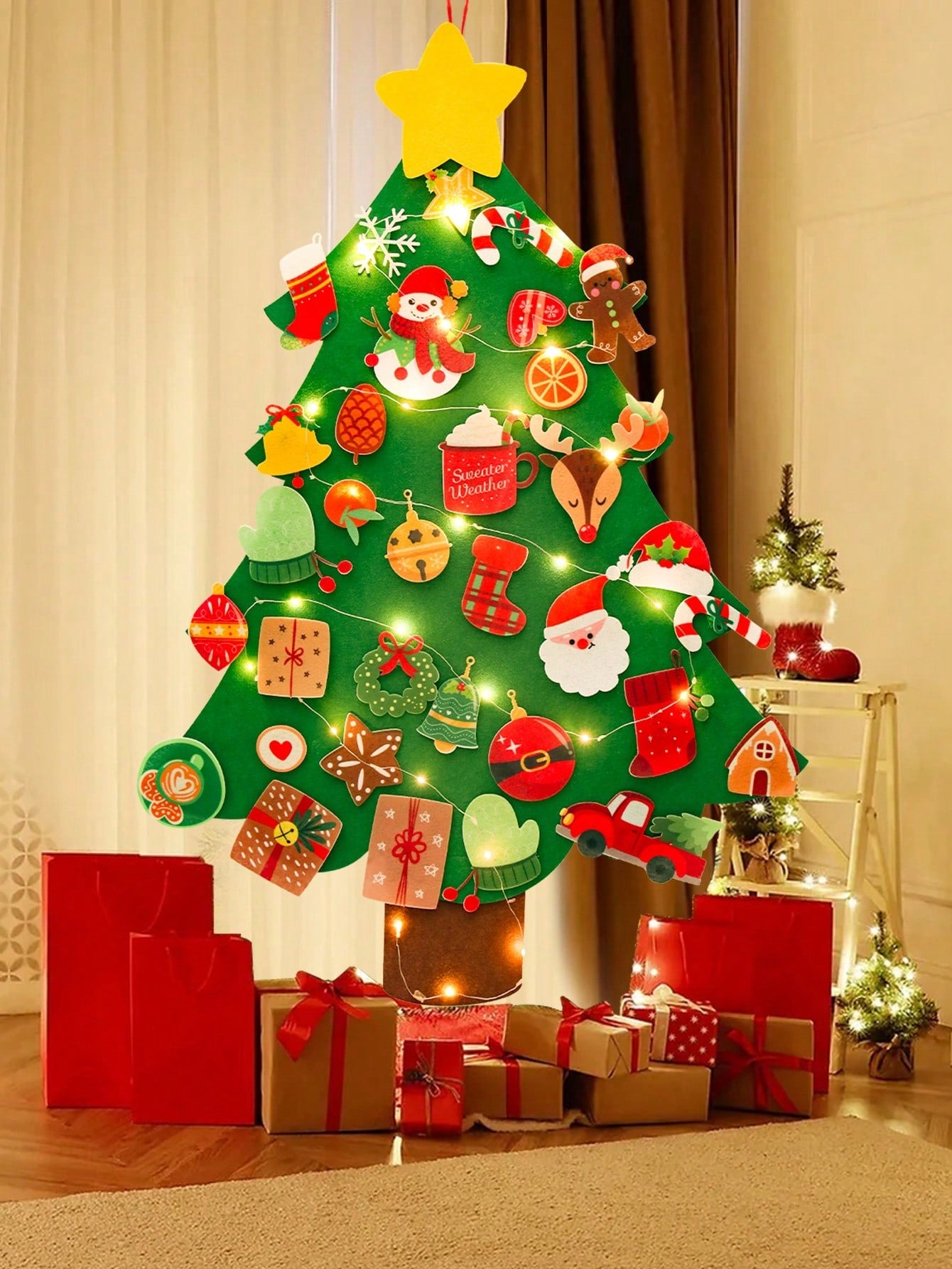 36pcs/Set DIY Felt Christmas Tree With Light, Xmas Party Decorations Perfect For Family Christmas Eve Party, Room Wall Decoration, 2024 Christmas Gifts, 2025 New Year Tree,Christmas