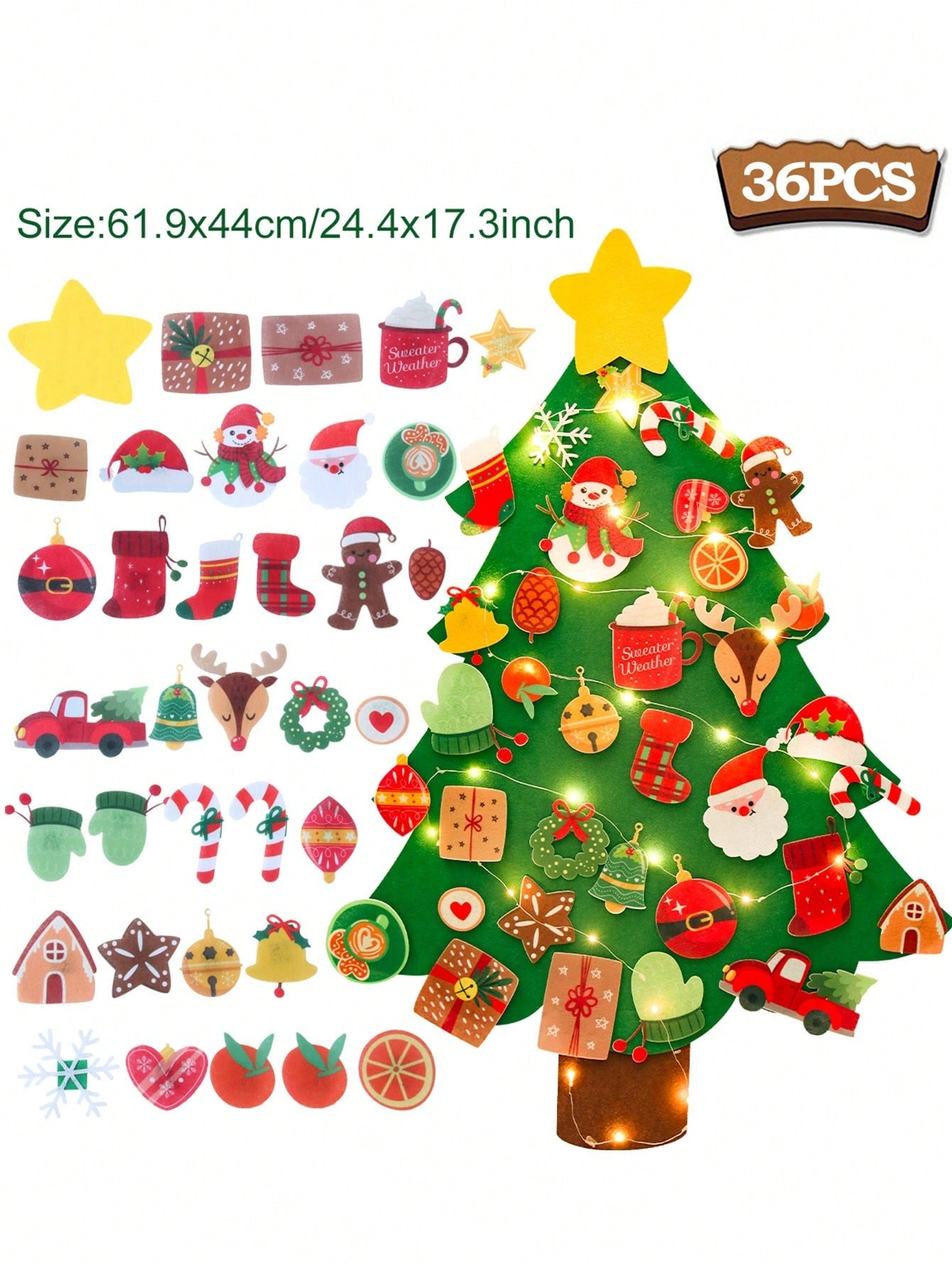 36pcs/Set DIY Felt Christmas Tree With Light, Xmas Party Decorations Perfect For Family Christmas Eve Party, Room Wall Decoration, 2024 Christmas Gifts, 2025 New Year Tree,Christmas