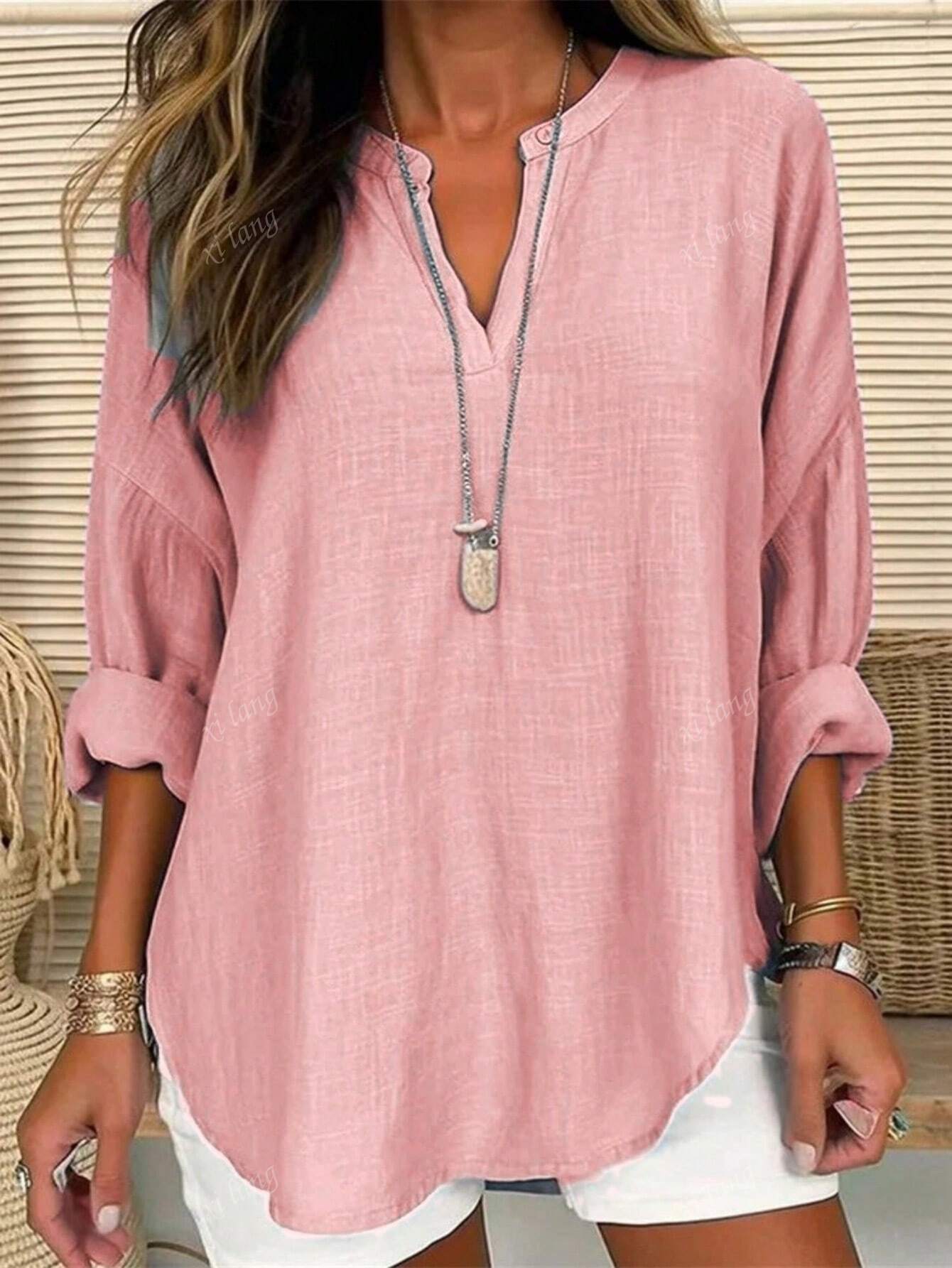 Women's V-Neck Roll Sleeve Solid Color Casual Loose Shirt