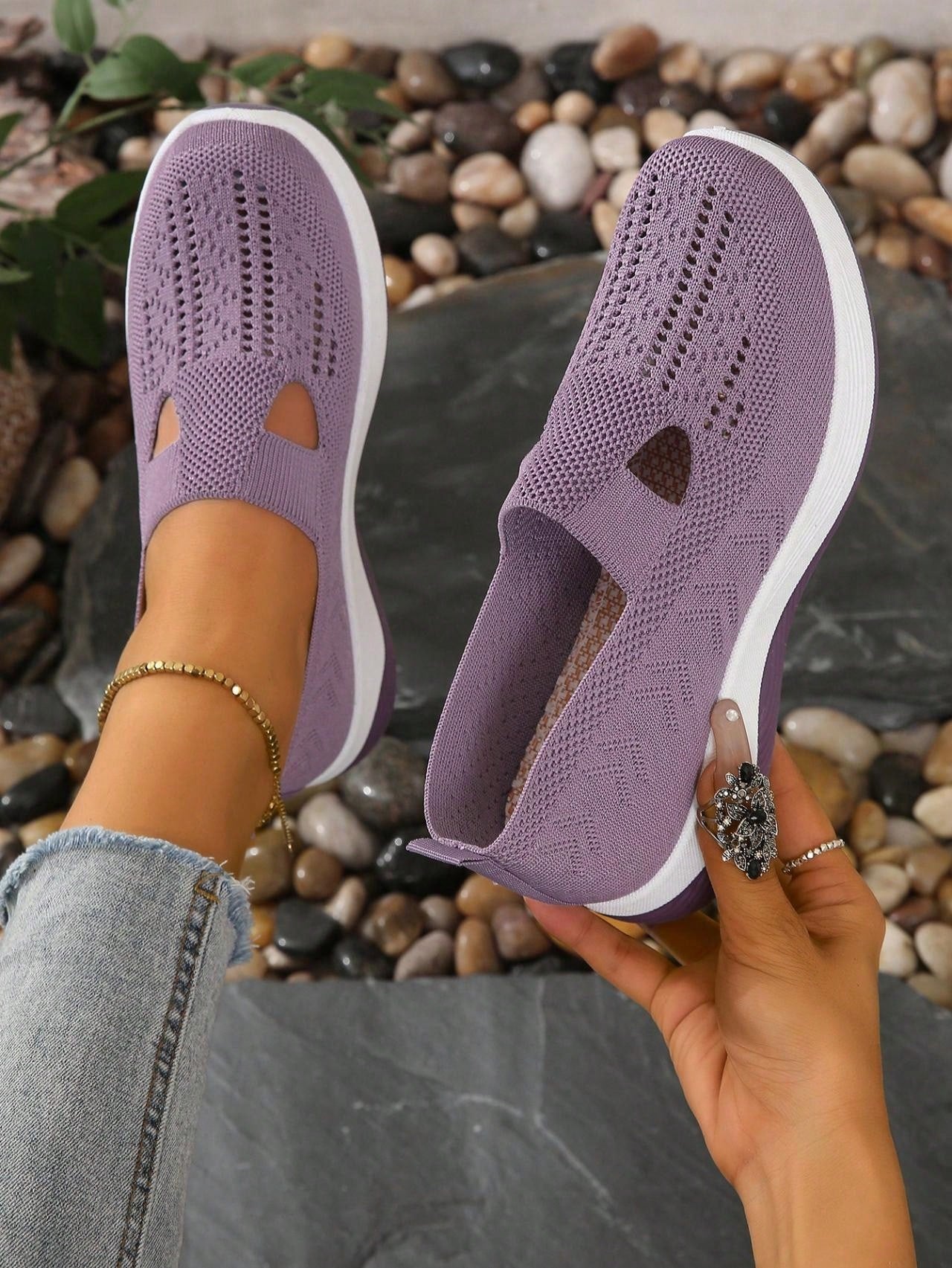 Women's Breathable Soft Bottom Casual Slip-On Mesh Sneakers, Hollow Out Lightweight Sport Shoes, Anti-Slip Walking Shoes, Soft Sole Moms Loafers